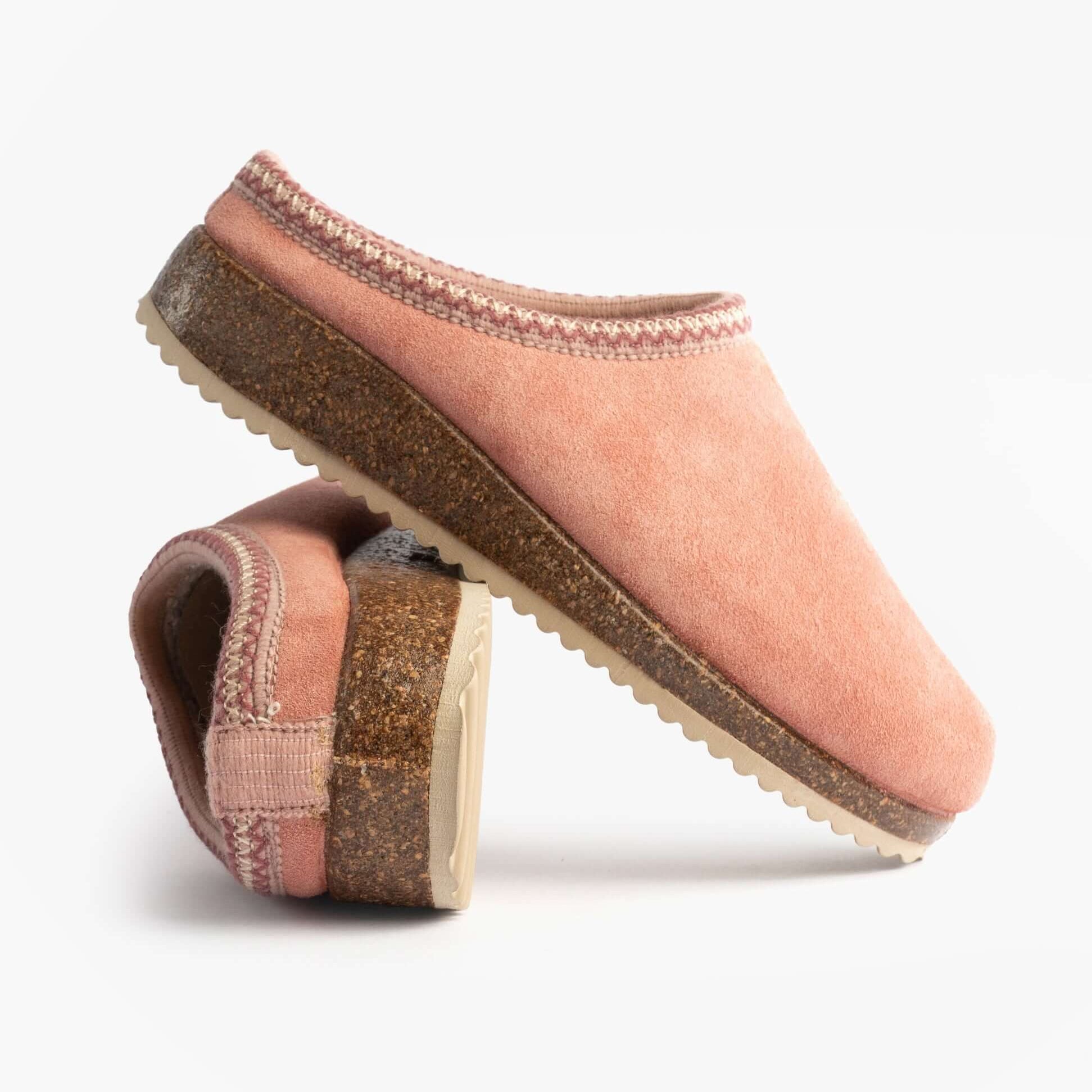 Nordikas 2247 Womens Suede Mule Slippers Rose Pink side view and angled front view showcasing soft suede material.