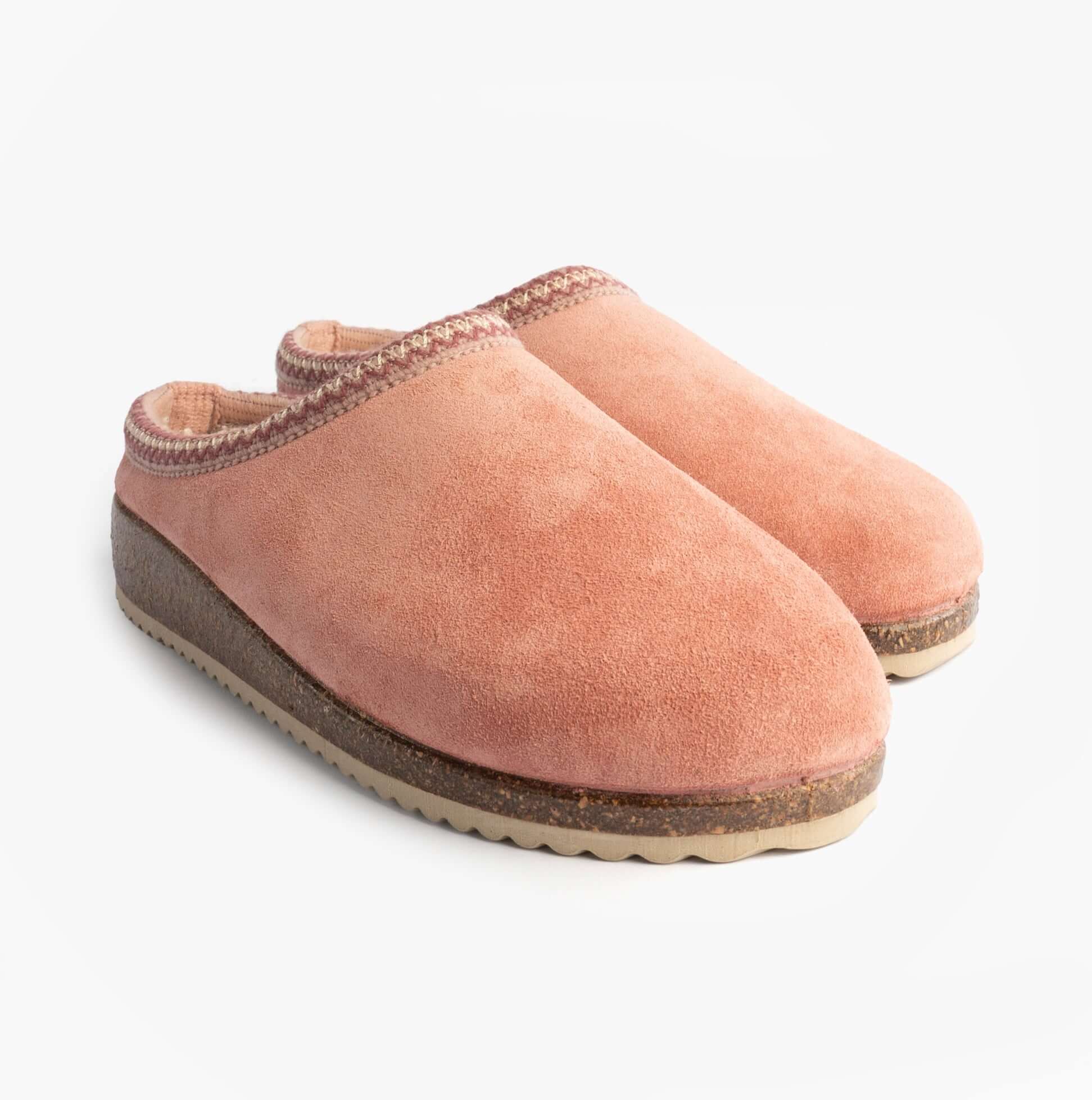 Nordikas 2247 Womens Suede Mule Slippers Rose Pink side view showing comfortable, slip-on suede design with low heel.