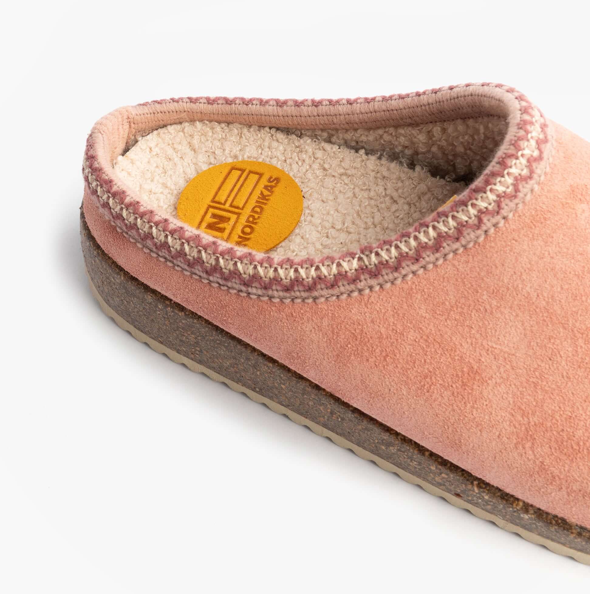 Nordikas 2247 Womens Suede Mule Slippers Rose Pink side view showing soft suede upper and plush lining.