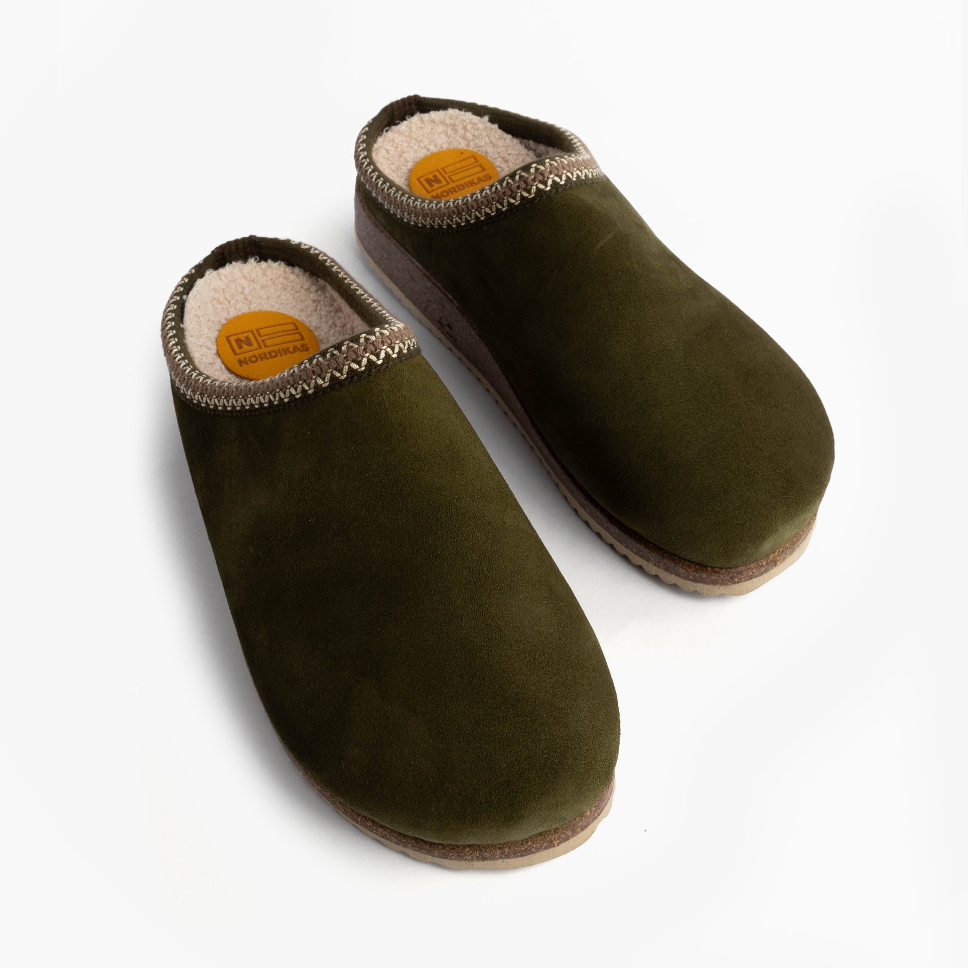 Nordikas 2258 Mens Suede Mule Slippers Khaki top view showcasing soft suede upper and faux fur lining.