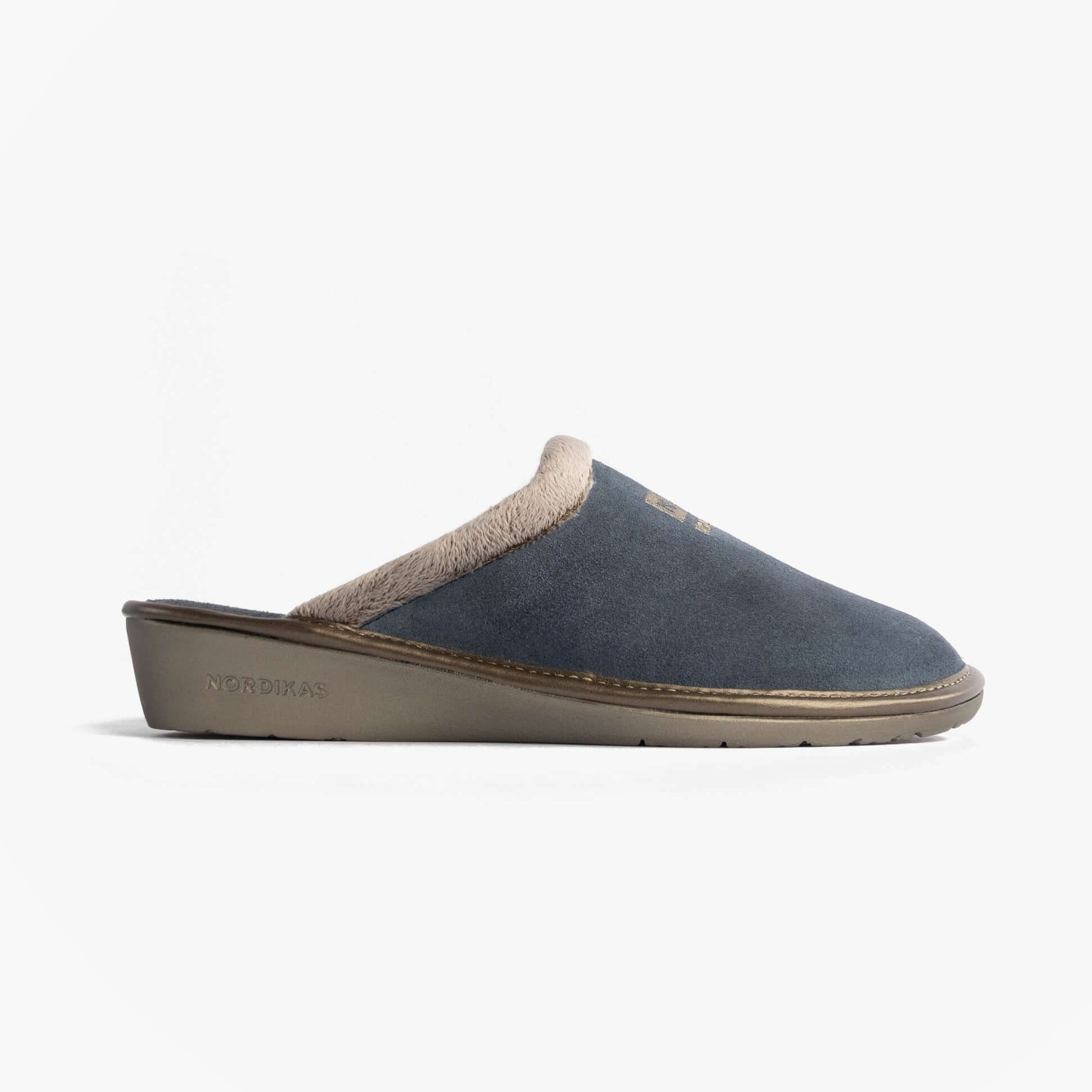 Nordikas 238 Womens Suede Mule Slippers Jeans Blue side view showing soft suede upper and comfort lining.