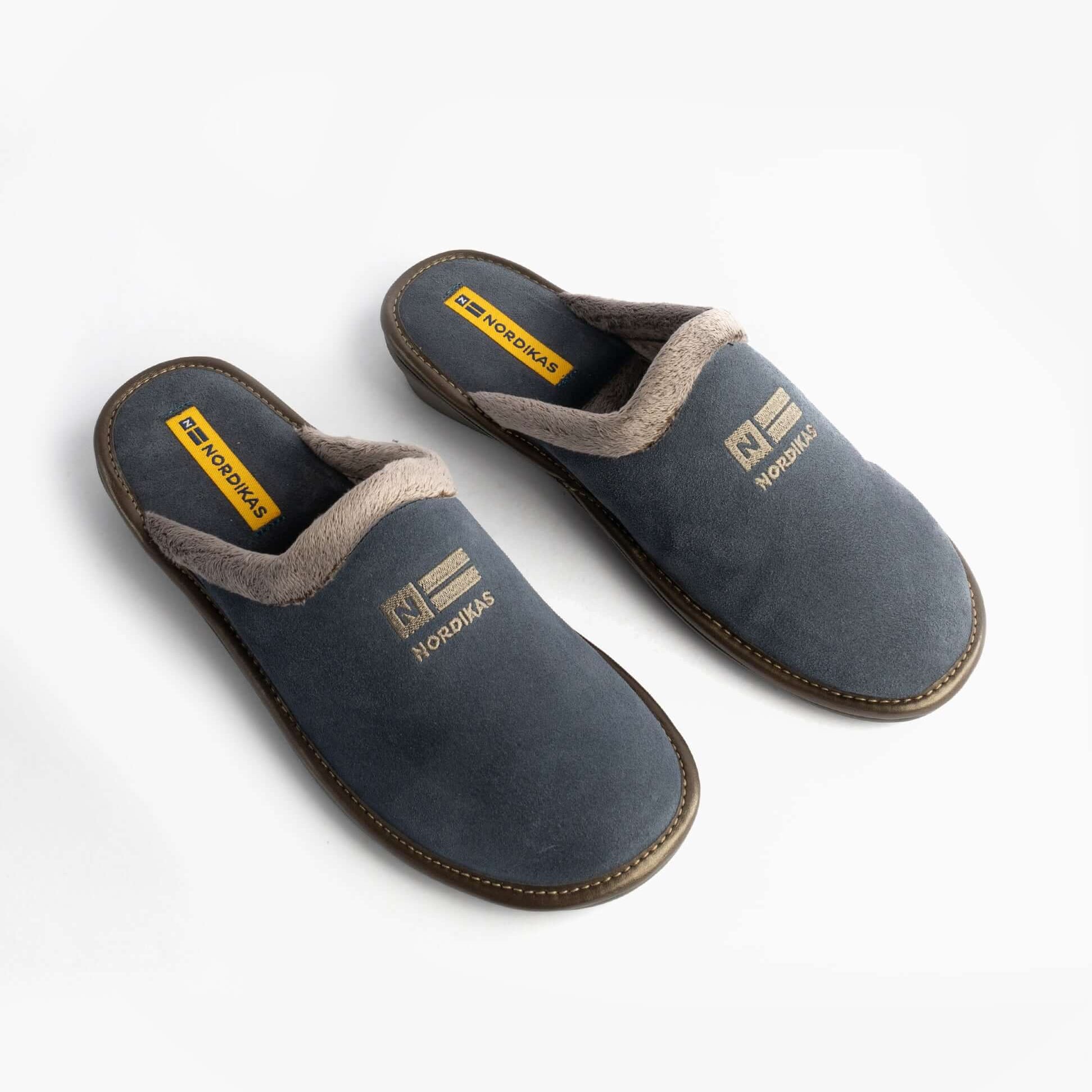 Nordikas 238 Womens Suede Mule Slippers Jeans Blue, top view showing soft suede and slip-on design, featuring logo.