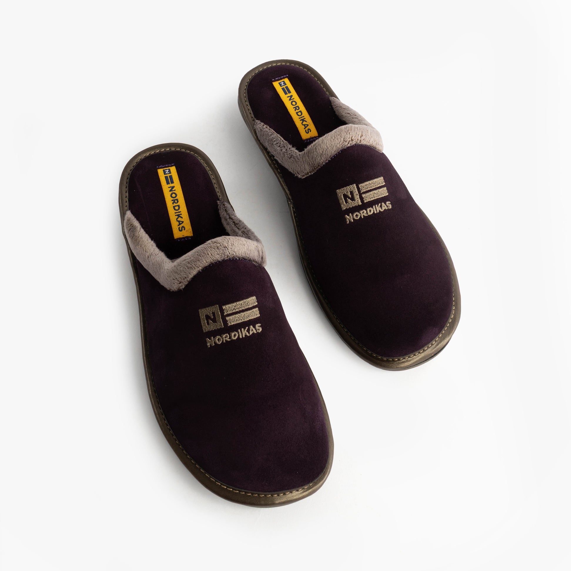 Nordikas 238 Womens Suede Mule Slippers Purple top view showing suede upper and faux fur lining.