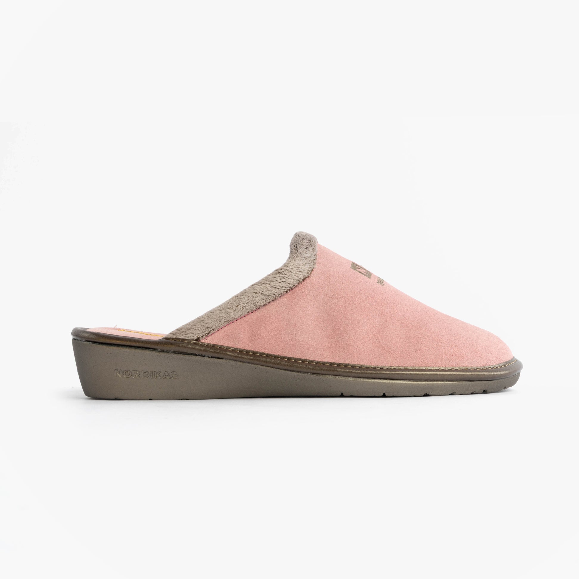 Nordikas 238 Womens Suede Mule Slippers Rose Pink side view showcasing soft suede upper and faux fur lining.