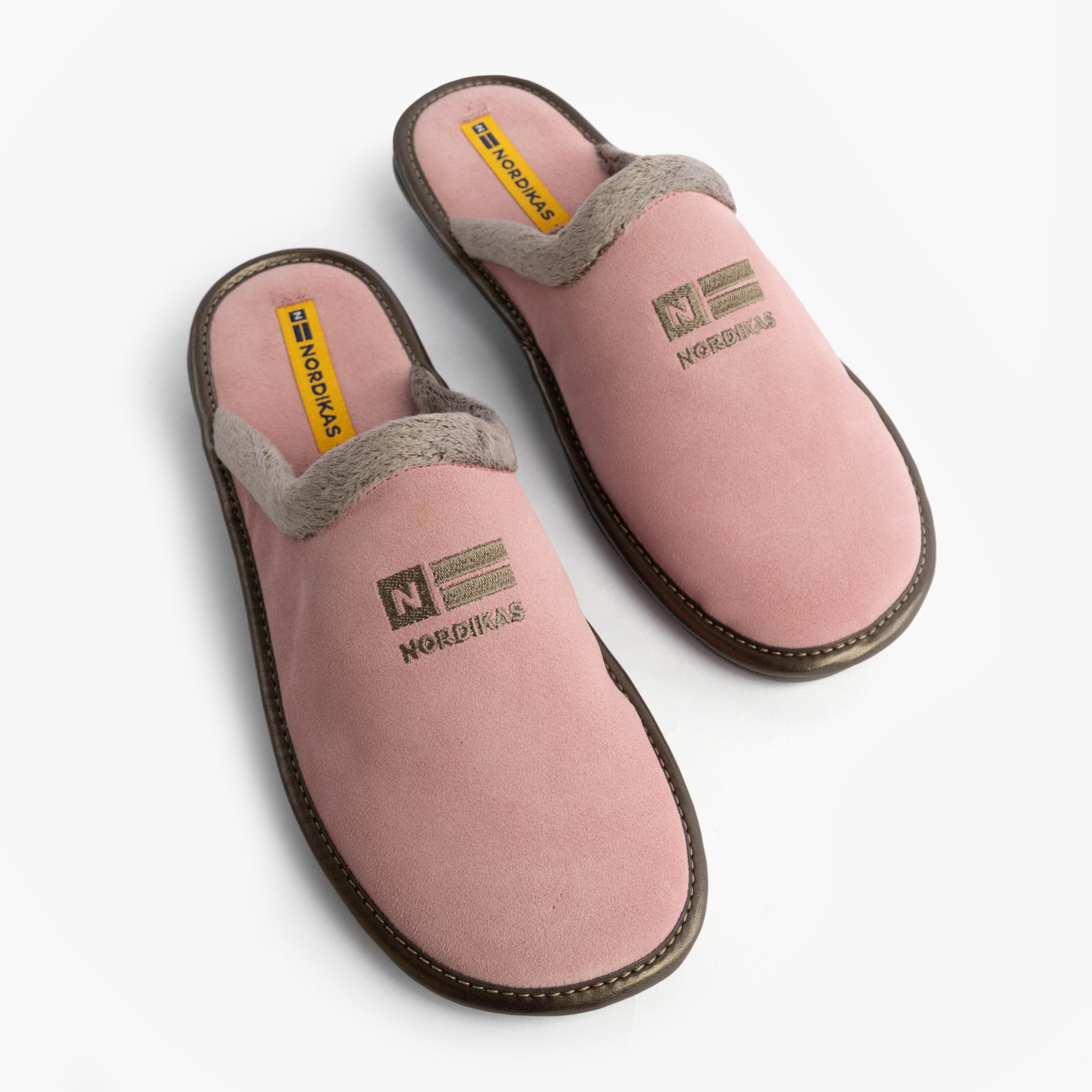 Nordikas 238 Womens Suede Mule Slippers Rose Pink top view showcasing suede upper and faux fur lining.