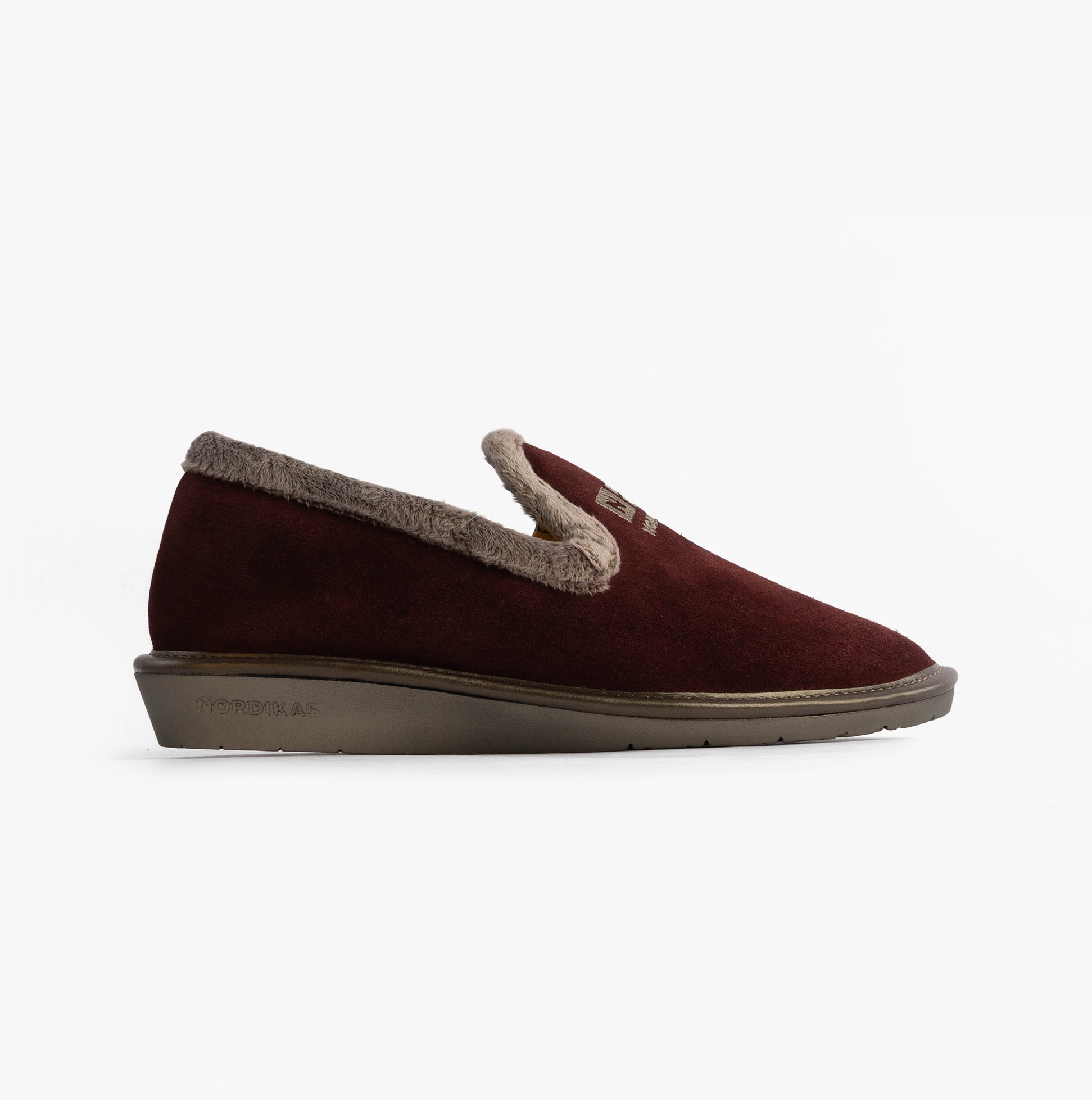 Nordikas 305 Womens Suede Full Slippers Bordo side view showcasing the suede upper and faux fur lining.