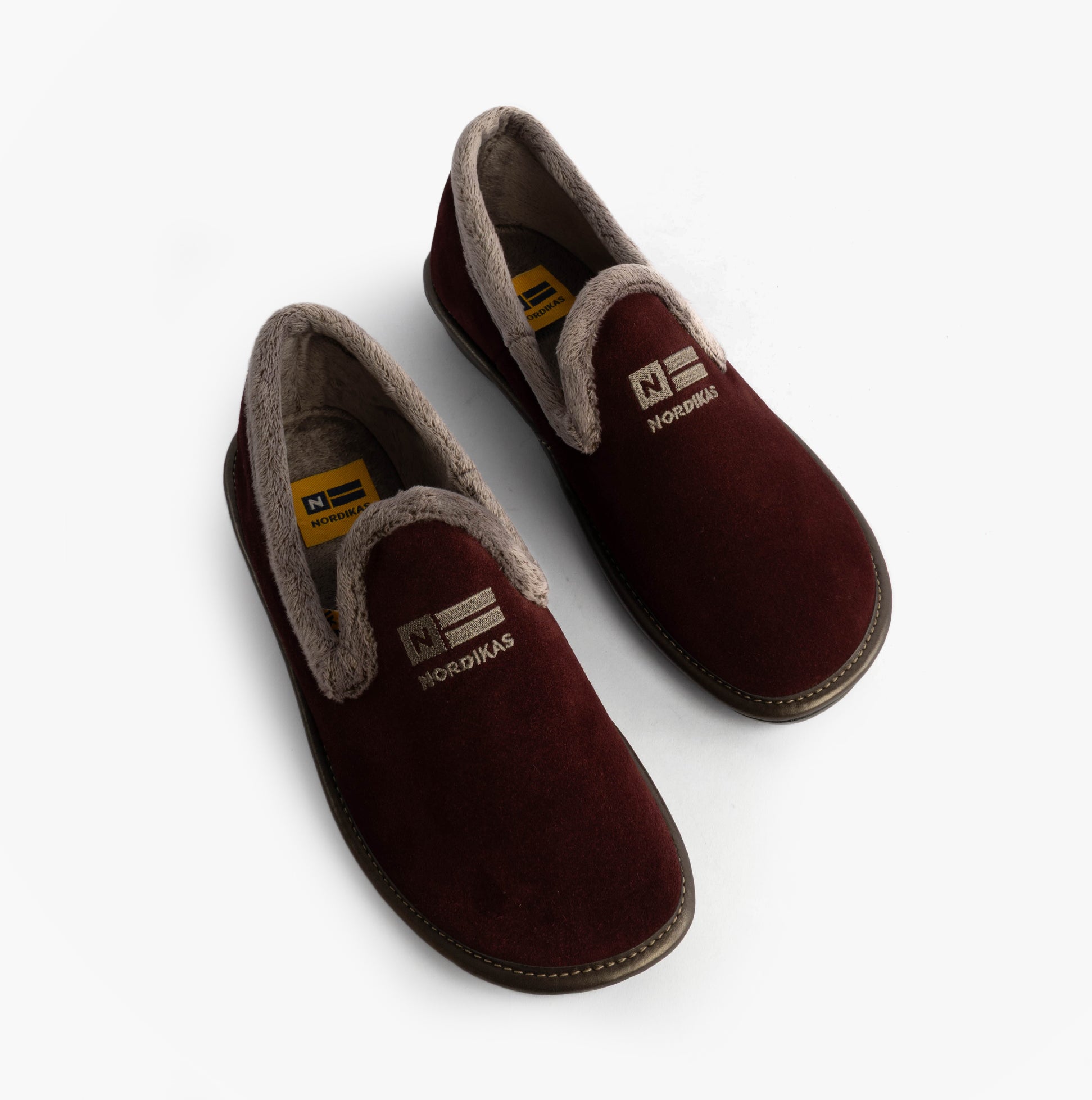 Nordikas 305 Womens Suede Full Slippers Bordo top view showing burgundy color and faux fur lining.