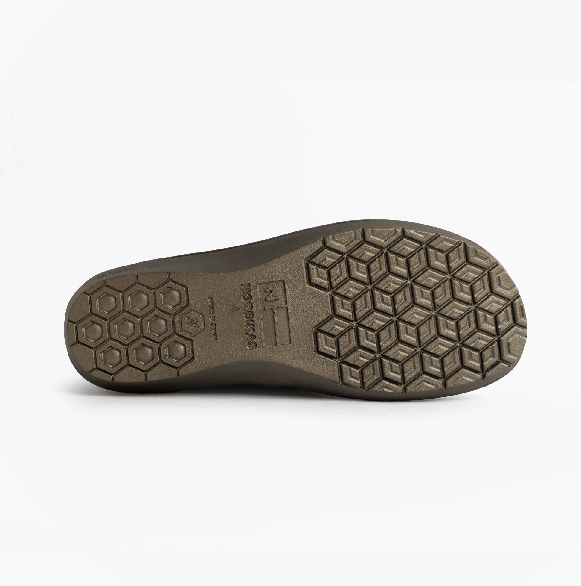 Nordikas 305 Womens Suede Full Slippers Bordo sole view showing rubber material and hexagon pattern for grip and durability.