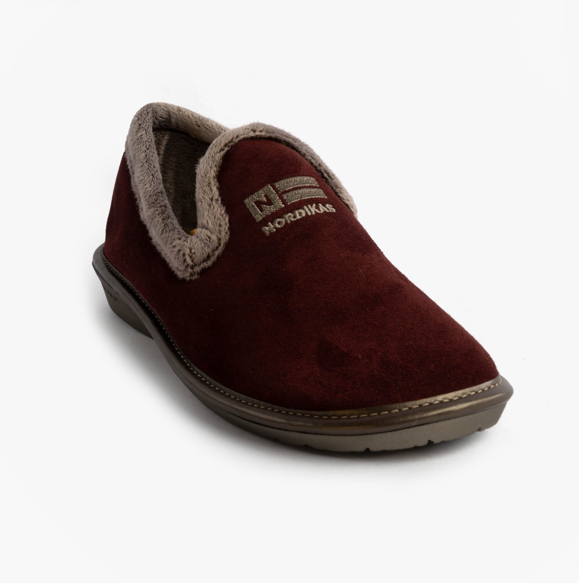 Nordikas 305 Womens Suede Full Slippers Bordo, side view with plush faux fur lining and slip-on design.