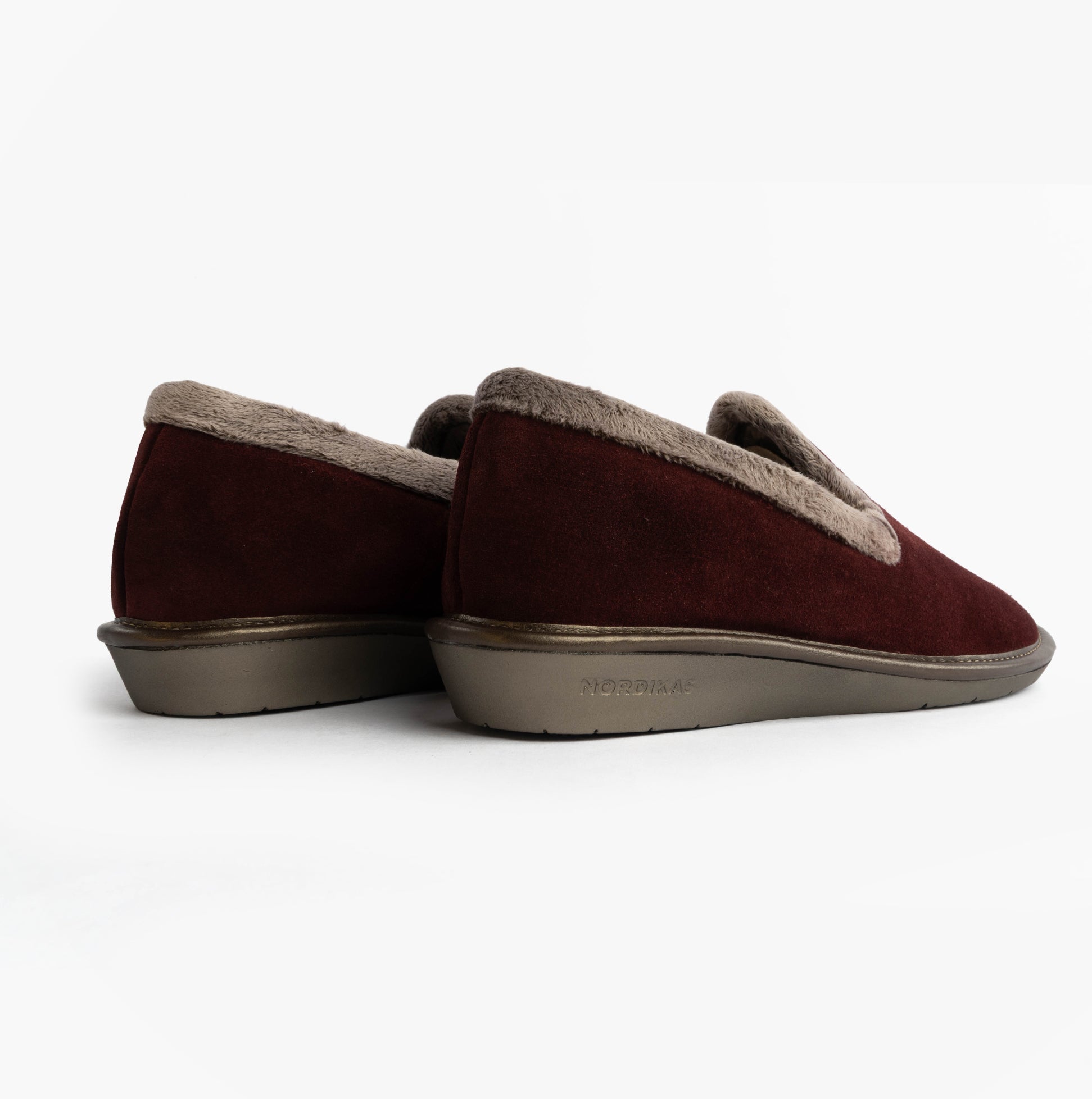 Nordikas 305 Womens Suede Full Slippers Bordo back view showcasing soft faux fur lining and durable rubber sole.