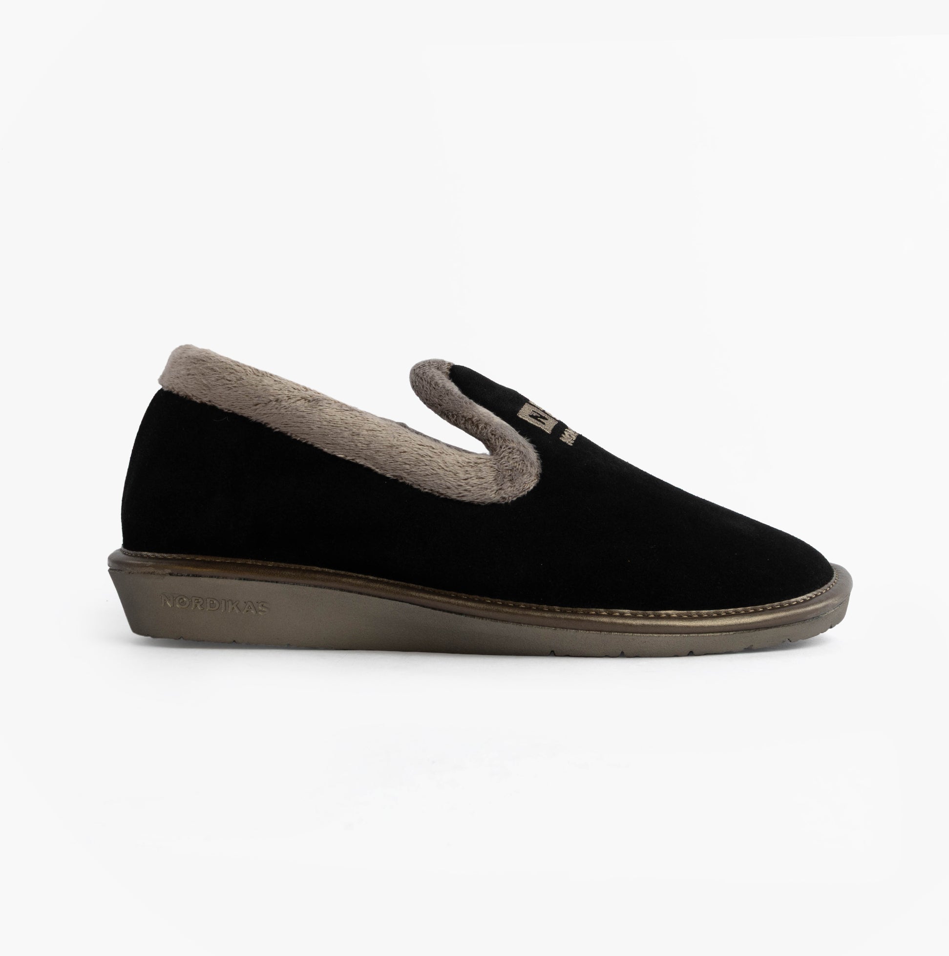 Nordikas 305 Womens Suede Full Slippers Black side view showcasing suede upper and faux fur lining.