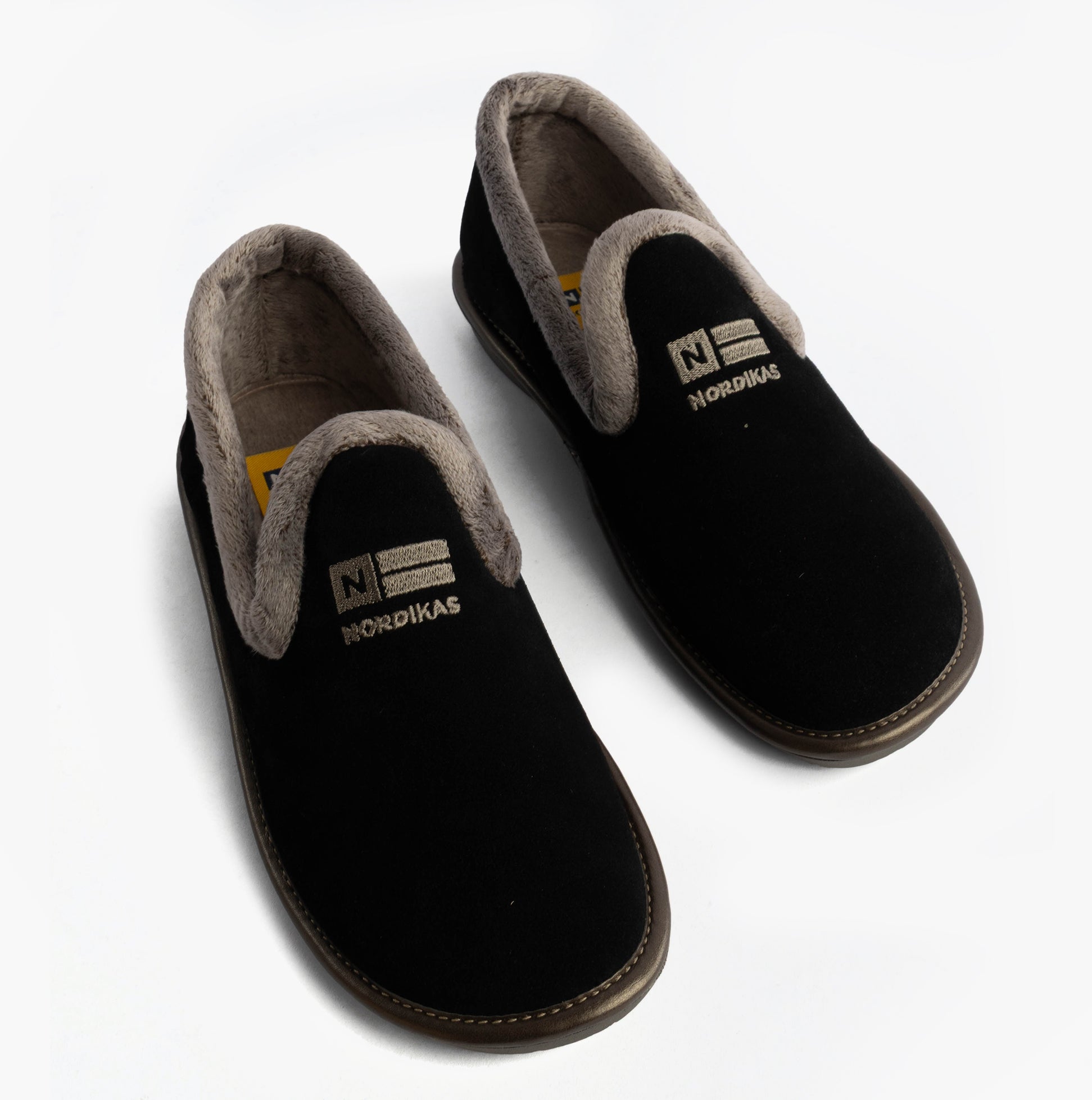 Nordikas 305 Womens Suede Full Slippers Black, top view showing soft faux fur lining and suede upper.