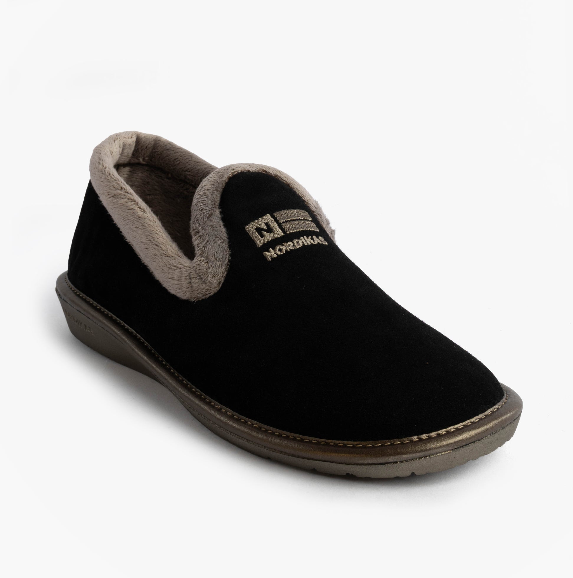 Nordikas 305 Womens Suede Full Slippers Black side view with faux fur lining and rubber sole
