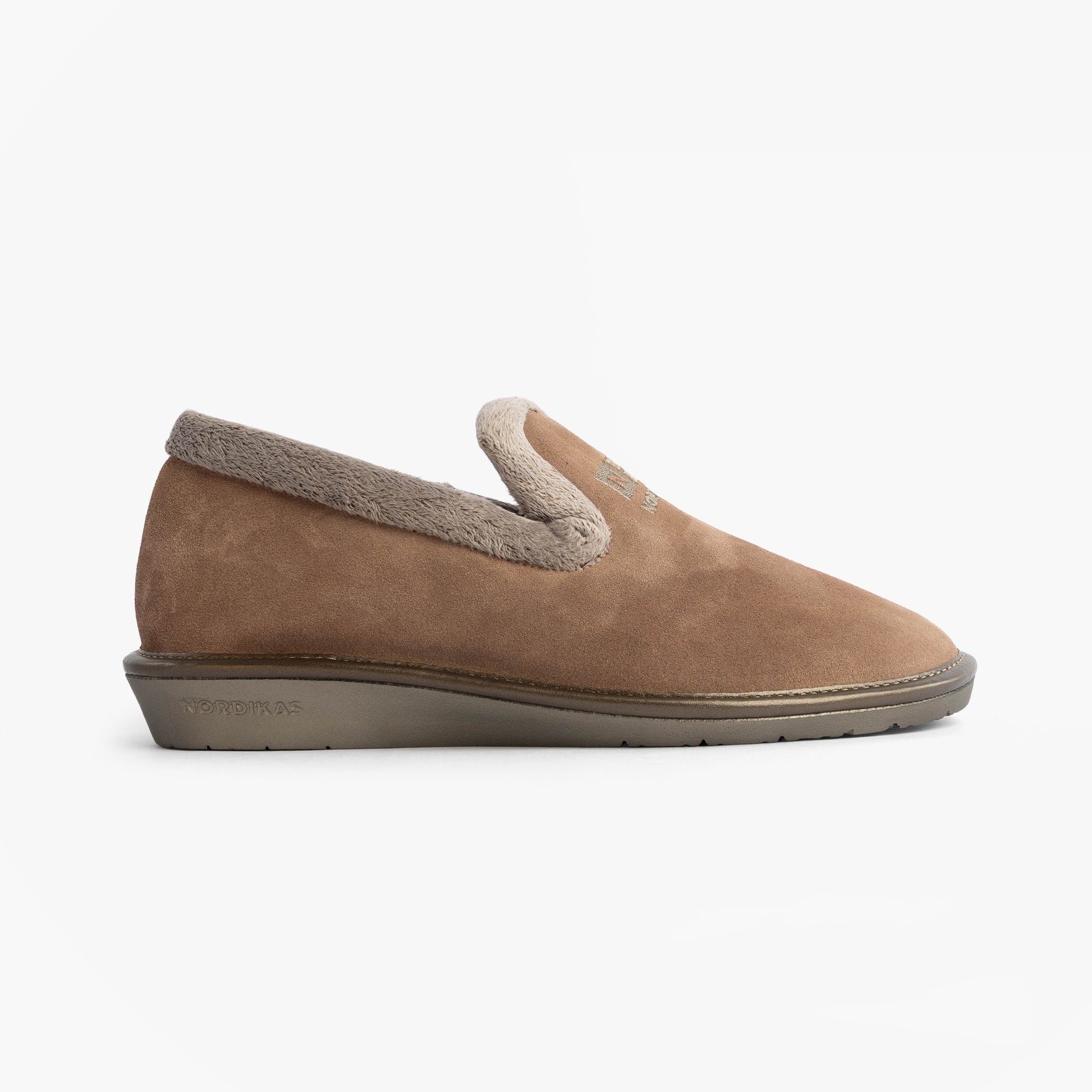 Nordikas 305 Womens Suede Full Slippers Piedra side view, featuring suede upper and faux fur lining for comfort.