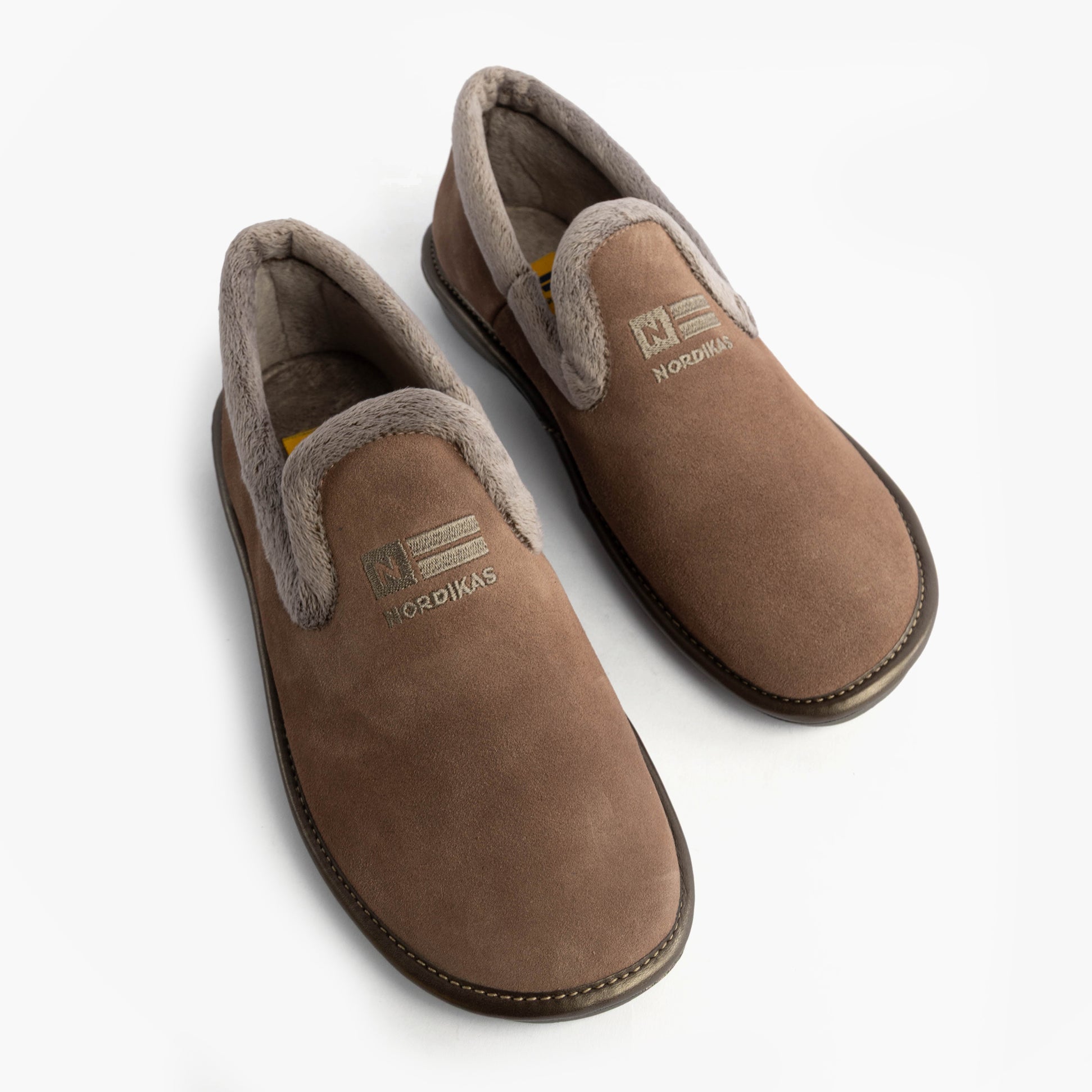 Nordikas 305 Womens Suede Full Slippers Piedra top view showing plush faux fur lining and slip-on design in brown.