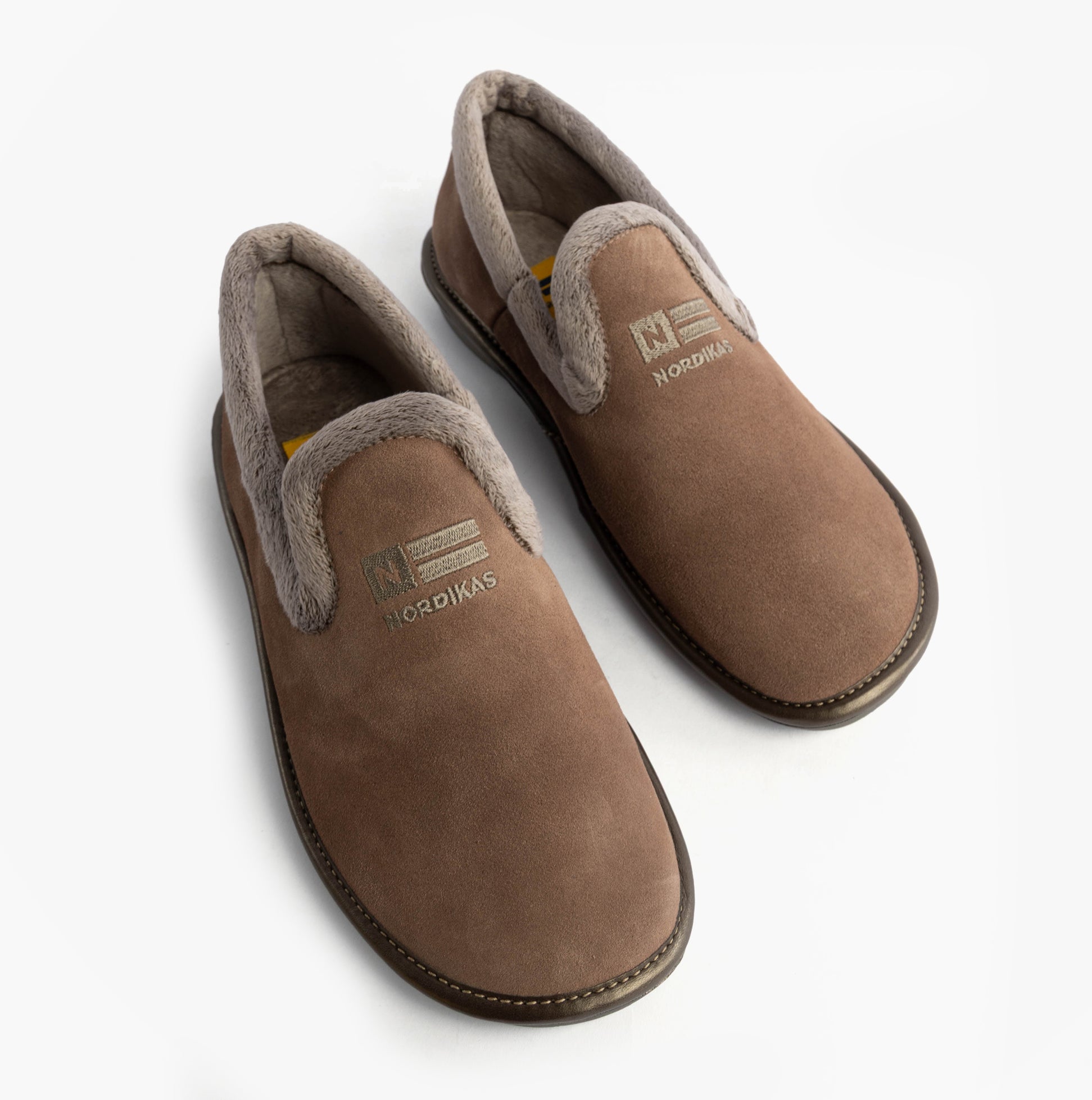Nordikas 305 Womens Suede Full Slippers Piedra top view showing plush faux fur lining and slip-on design in brown.