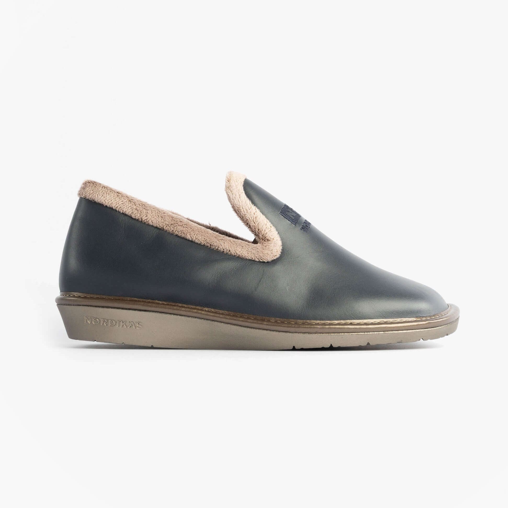 Nordikas 305 Womens Leather Full Slippers Marine Blue side view showcasing premium leather and cozy lining.