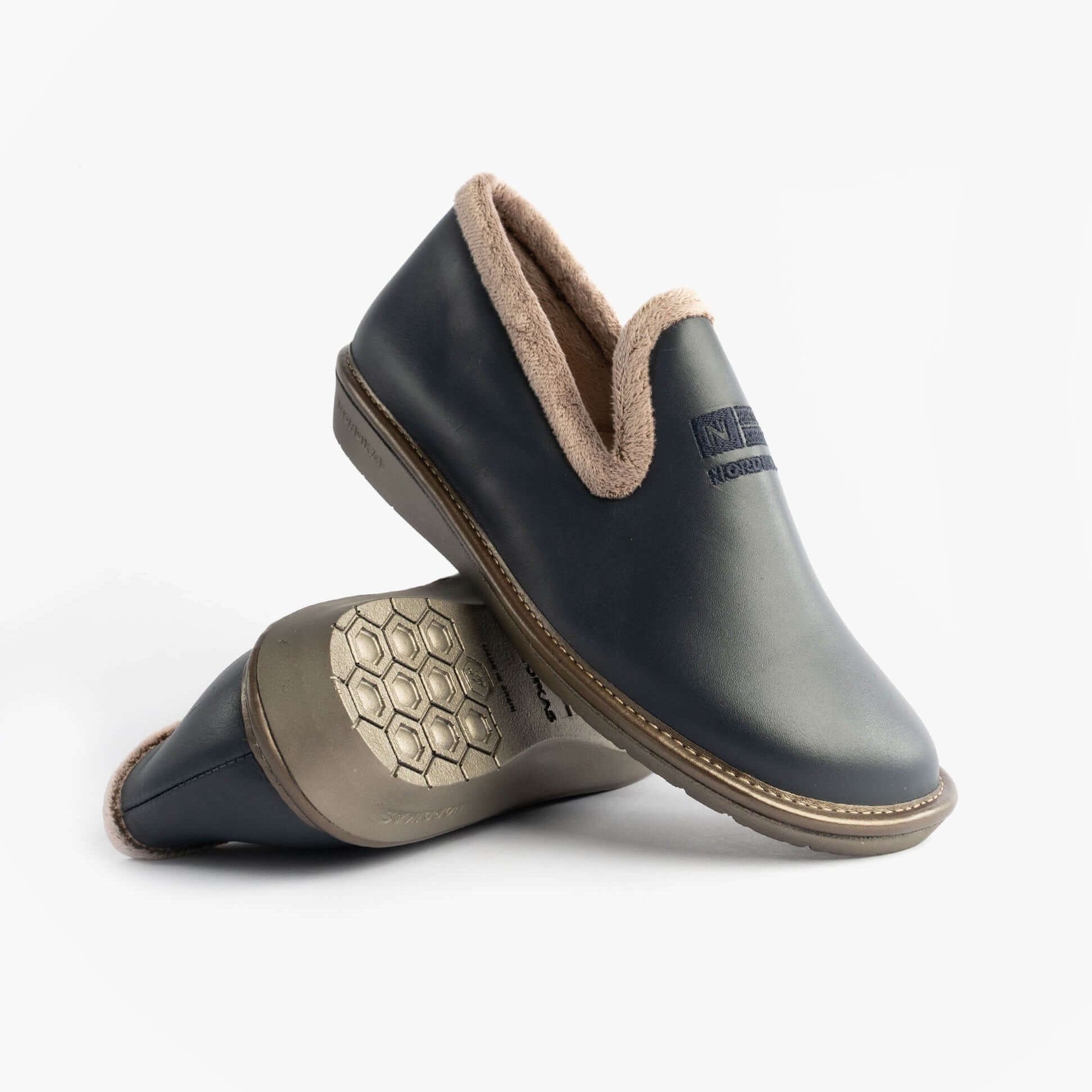 Nordikas 305 Womens Leather Full Slippers Marine Blue side view highlighting upper leather and soft lining.