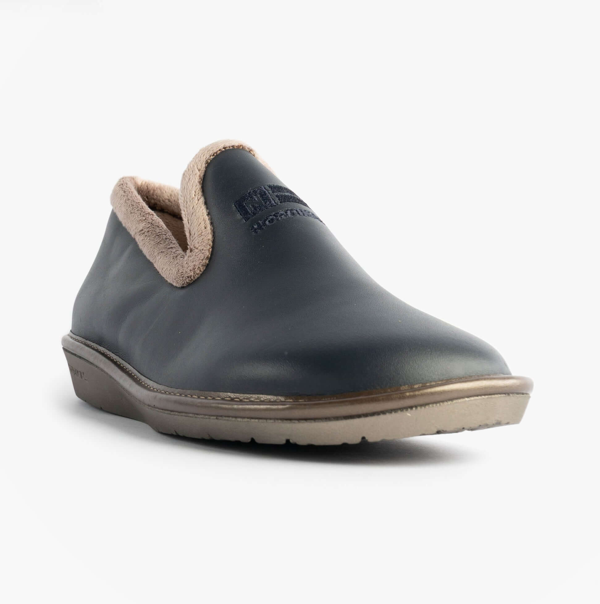 Nordikas 305 Womens Leather Full Slippers Marine Blue side view showing smooth leather upper and soft lining.