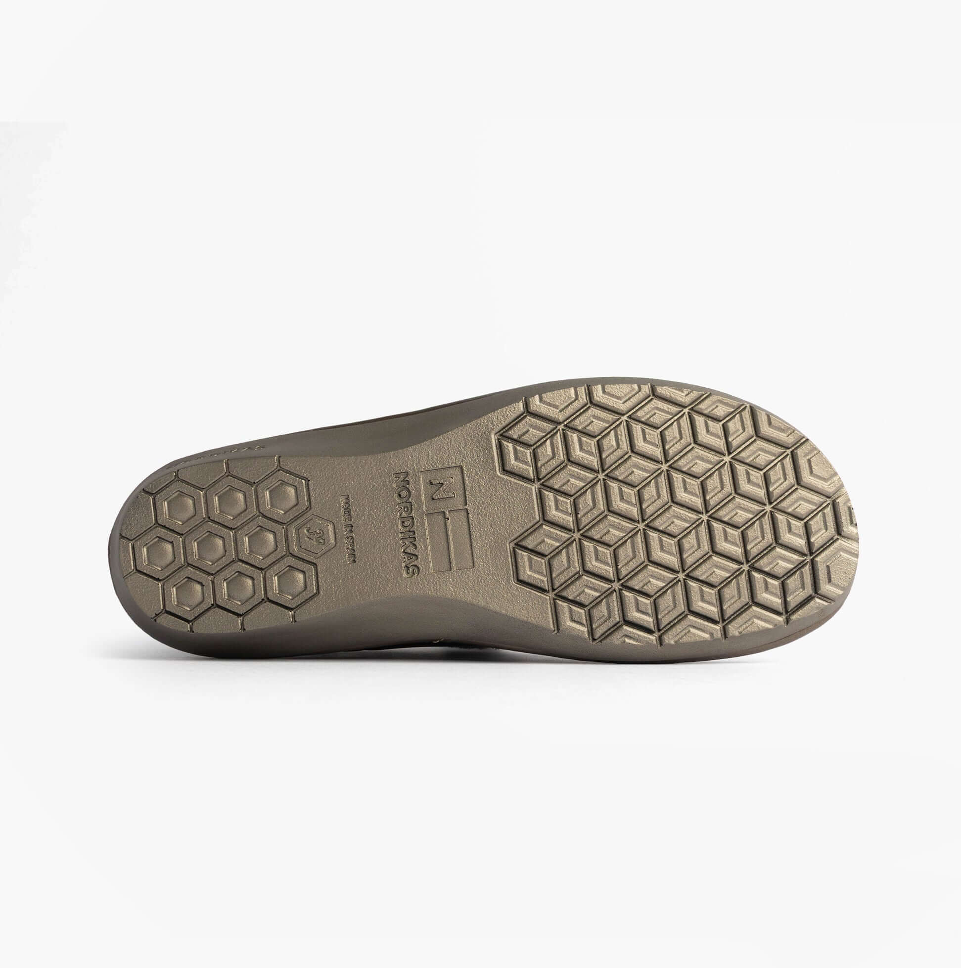 Nordikas 305 Womens Leather Full Slippers Black sole view showcasing rubber material and unique grip design.