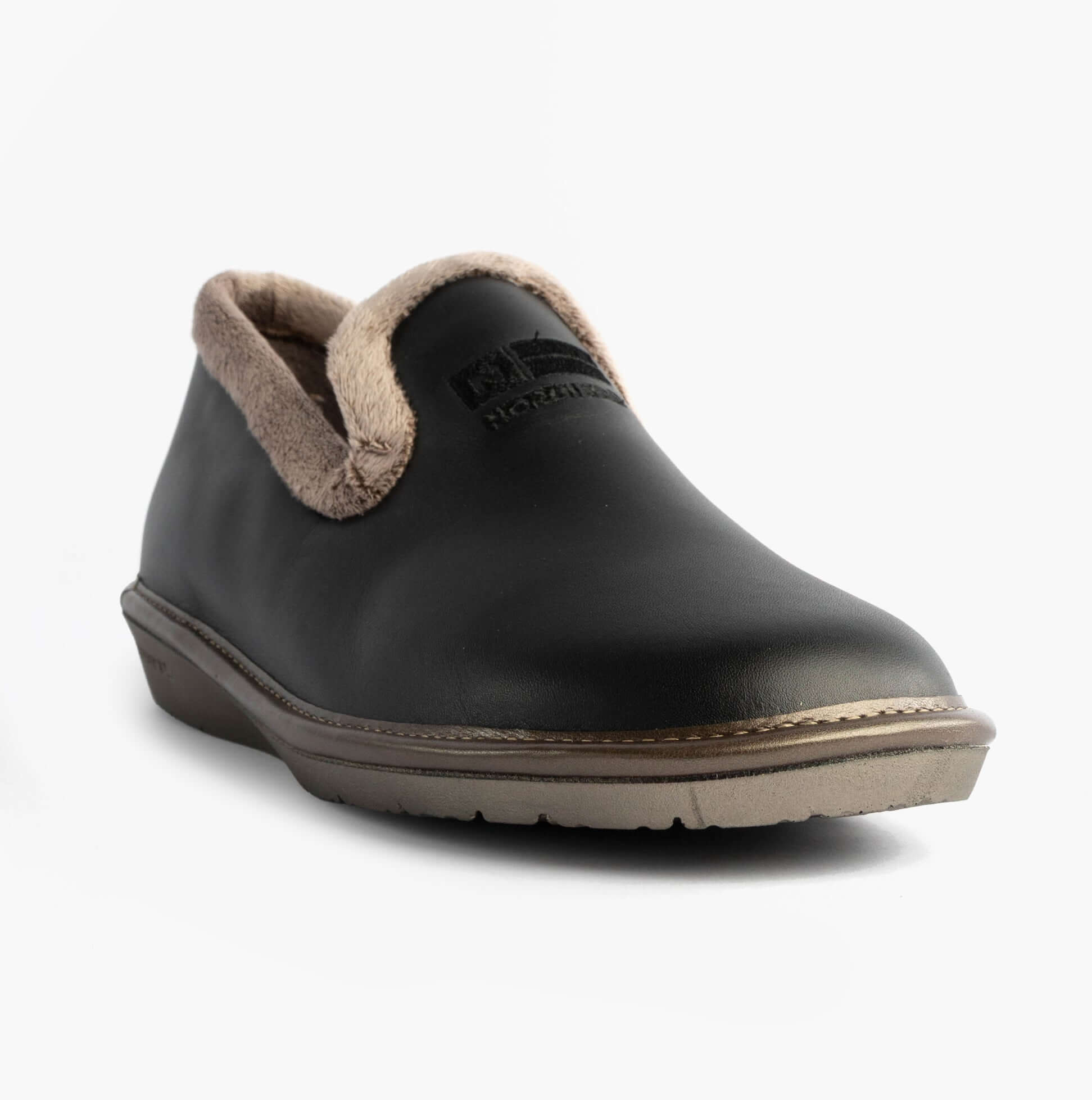 Nordikas 305 Womens Leather Full Slippers Black side view showing leather upper and soft lining.