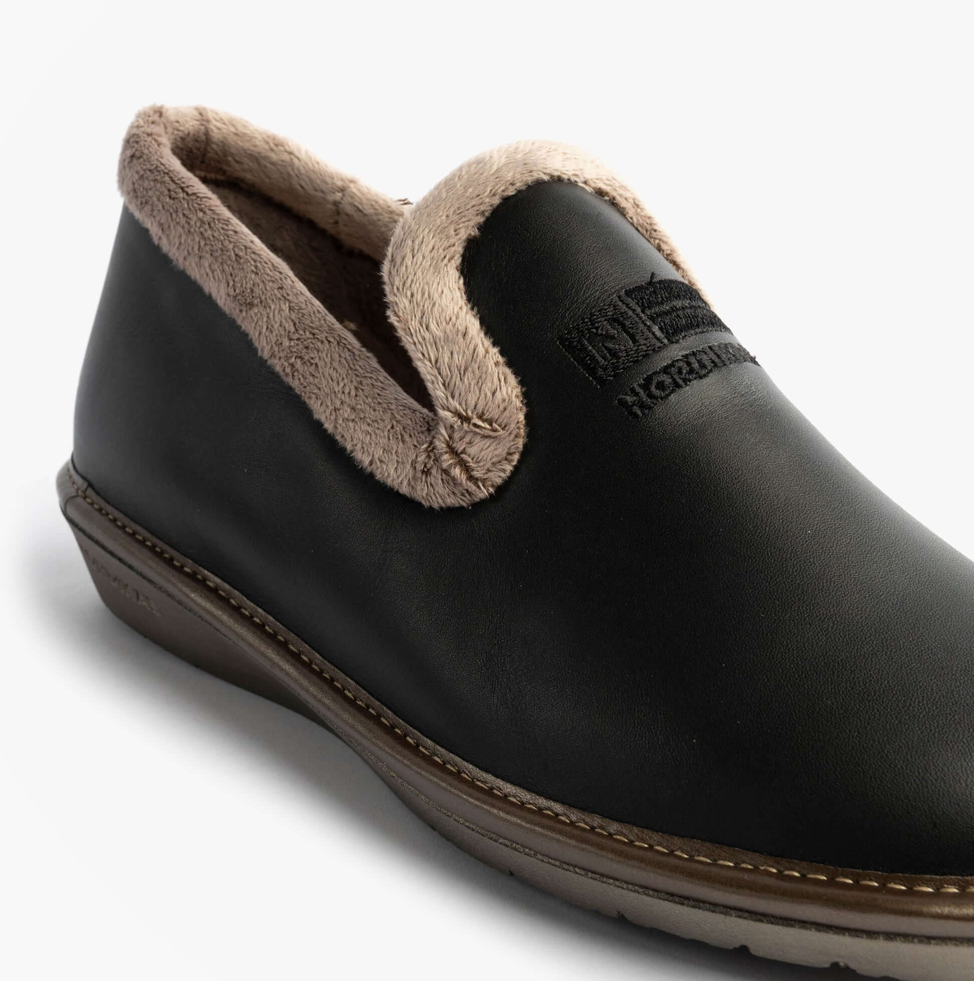 Nordikas 305 Womens Leather Full Slippers Black side view showcasing soft lining and sleek design.
