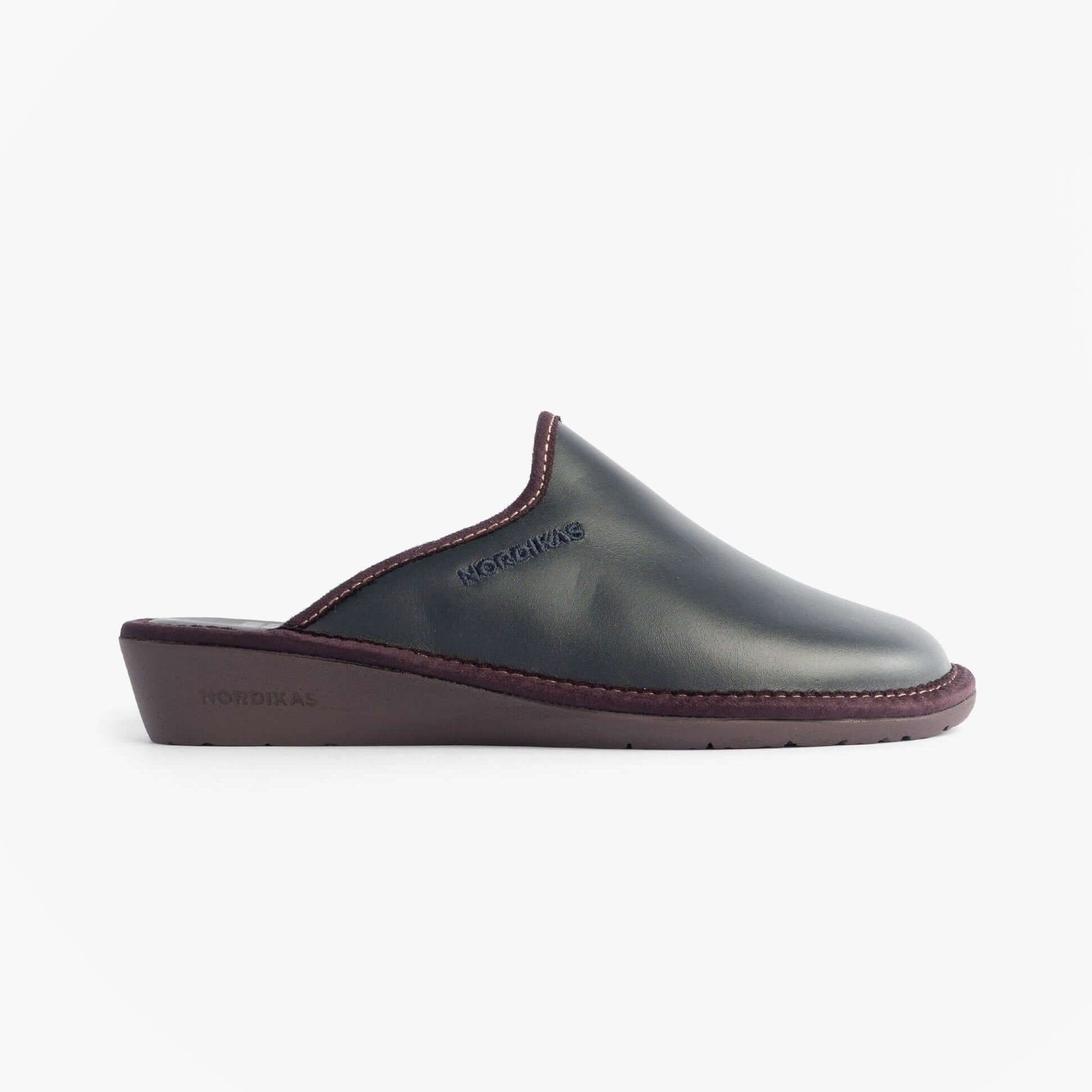 Nordikas 347 Womens Leather Mule Slippers Marine Blue side view showing slip-on design and premium leather.