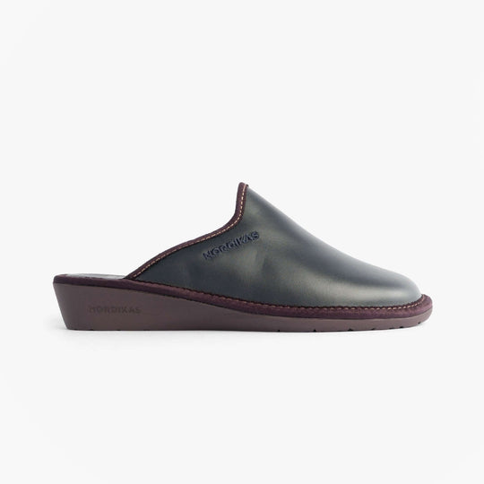 Nordikas 347 Womens Leather Mule Slippers Marine Blue side view showing slip-on design and premium leather.