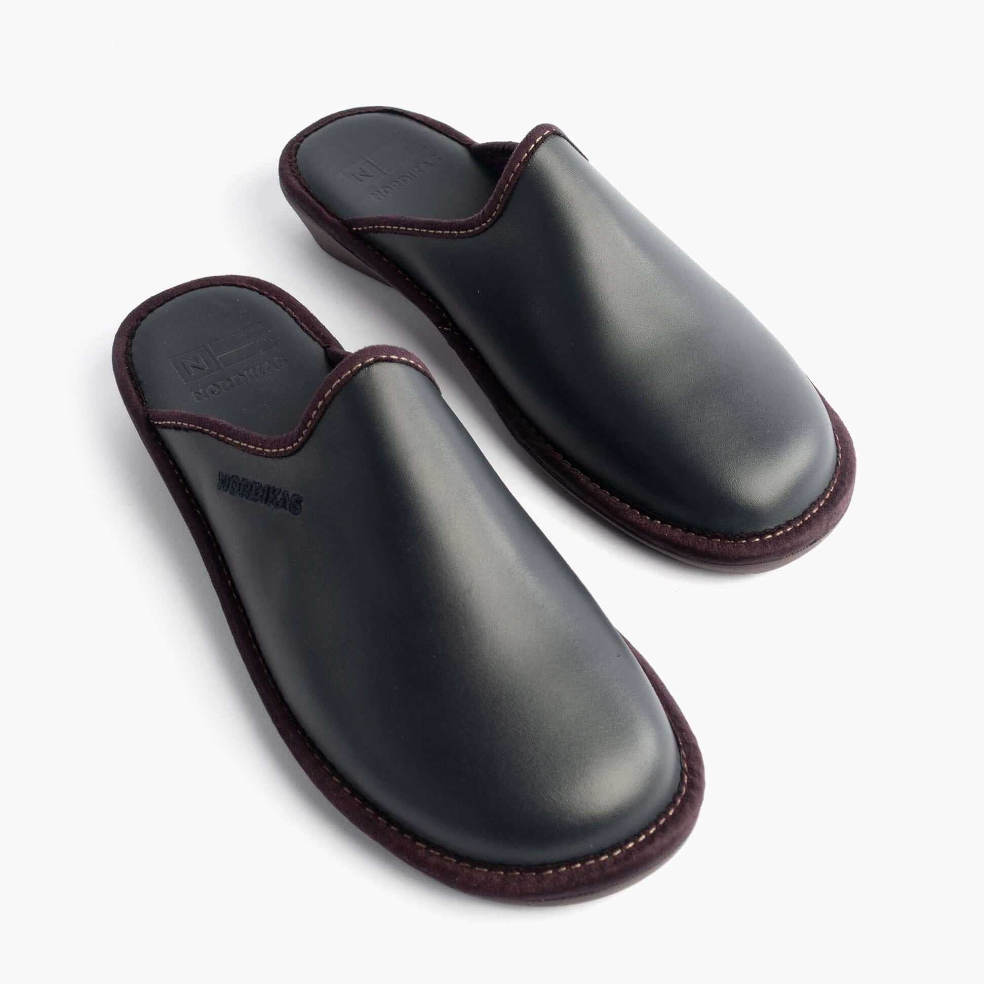 Nordikas 347 Womens Leather Mule Slippers Marine Blue side view showing premium leather and comfortable slip-on design