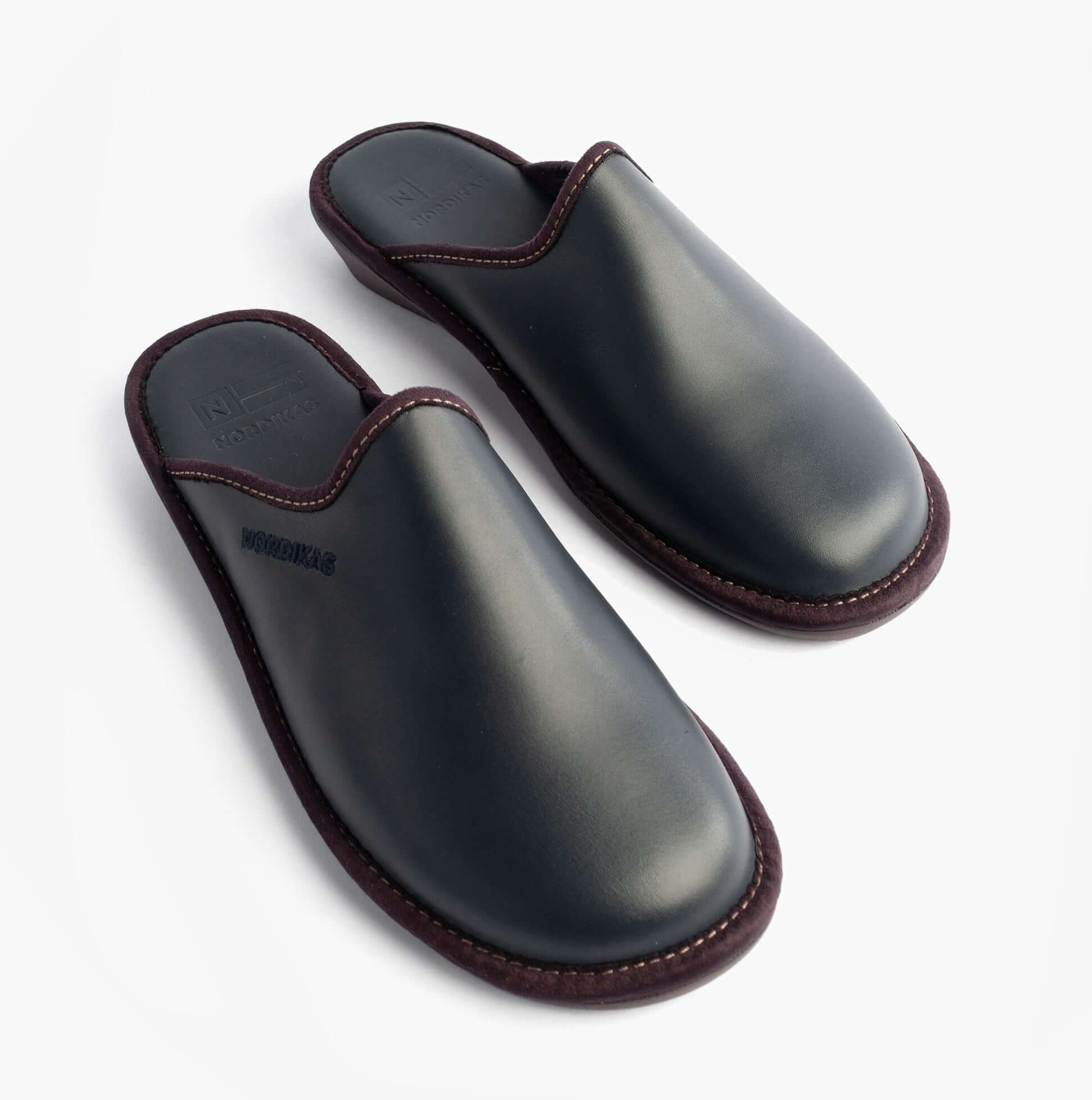 Nordikas 347 Womens Leather Mule Slippers Marine Blue side view showing premium leather and comfortable slip-on design