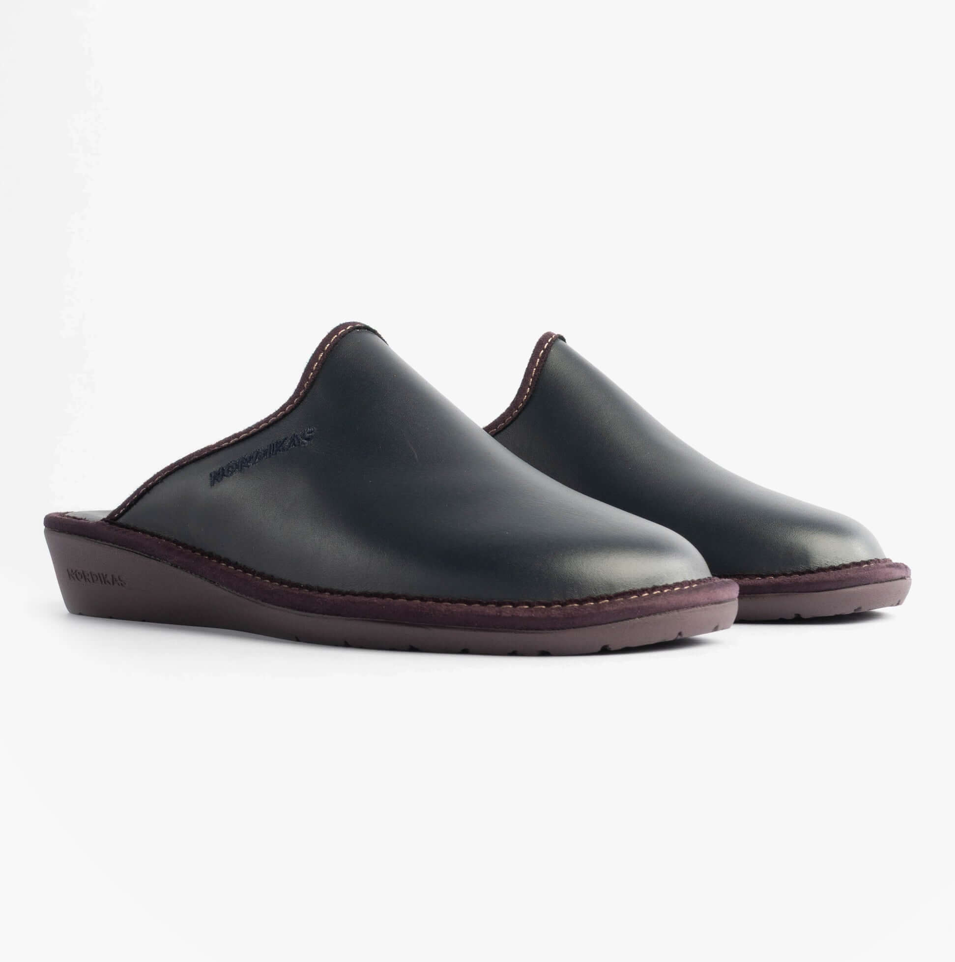 Nordikas 347 Womens Leather Mule Slippers Marine Blue side view showcasing premium leather and comfortable slip-on design.