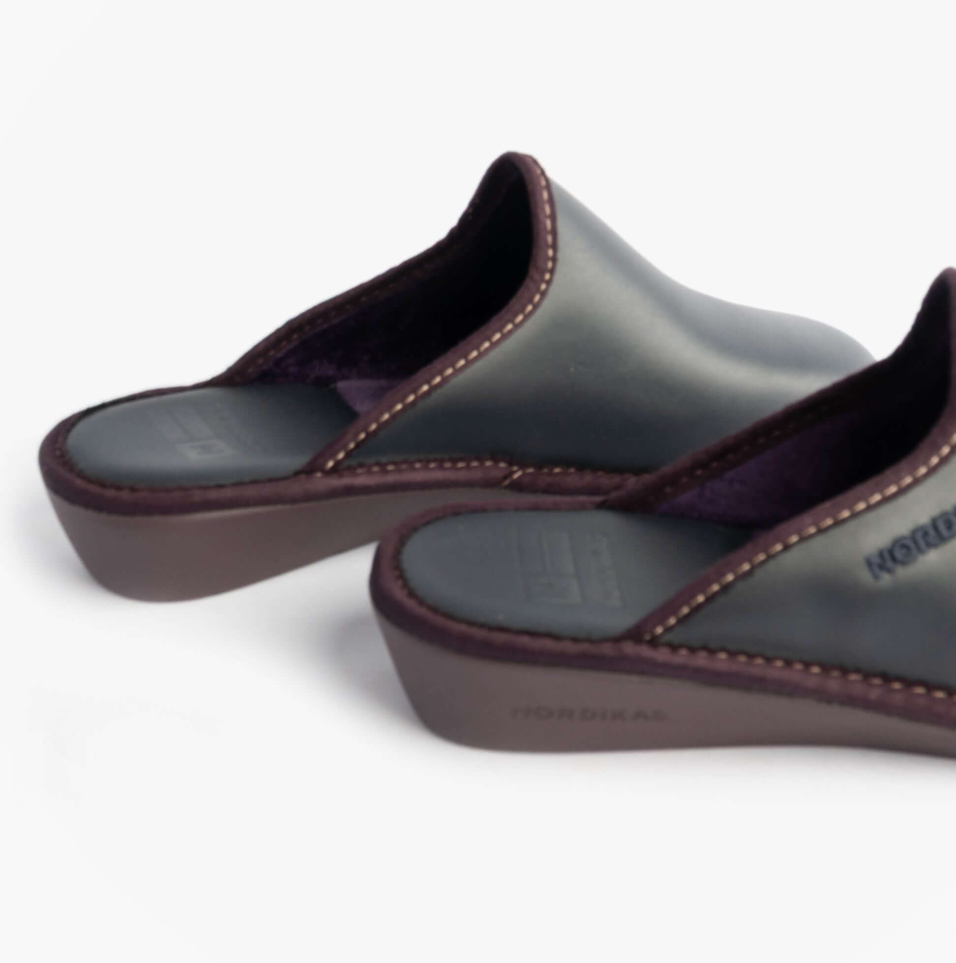 Nordikas 347 Womens Leather Mule Slippers Marine Blue side view showcasing premium leather upper and rubber sole.