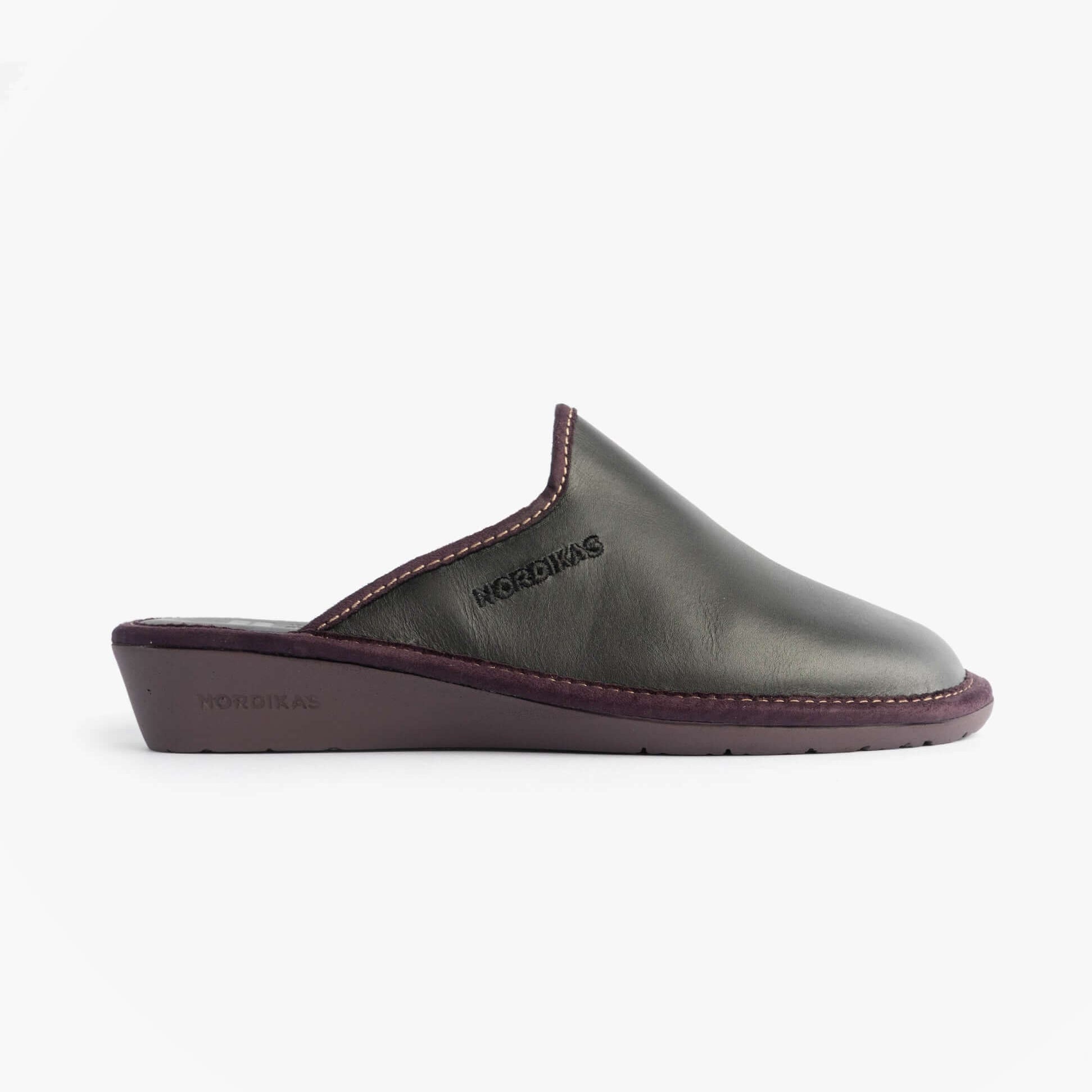 Nordikas 347 Womens Leather Mule Slippers Black side view showing sleek black leather and low heel design
