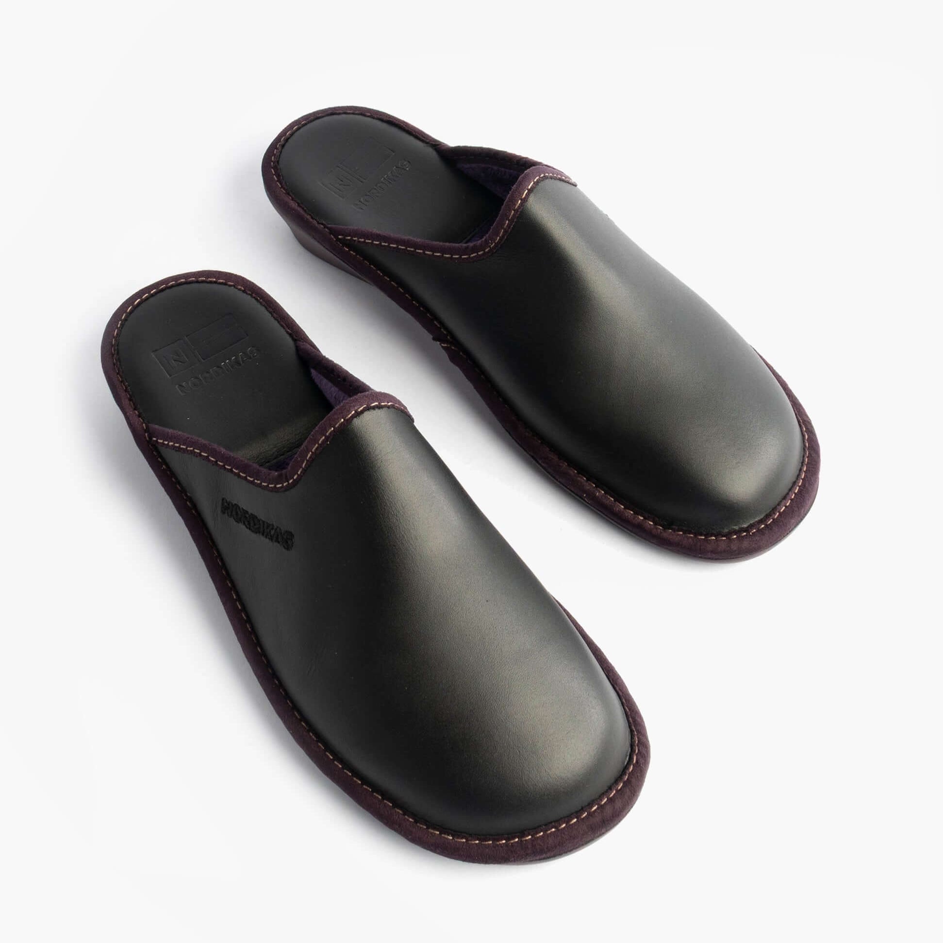 Nordikas 347 Womens Leather Mule Slippers Black side view, premium leather uppers and slip-on design.