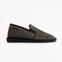 Nordikas 663 Mens Suede Full Slippers Grey, comfortable pull-on suede slippers with rubber sole and low heel, side view.