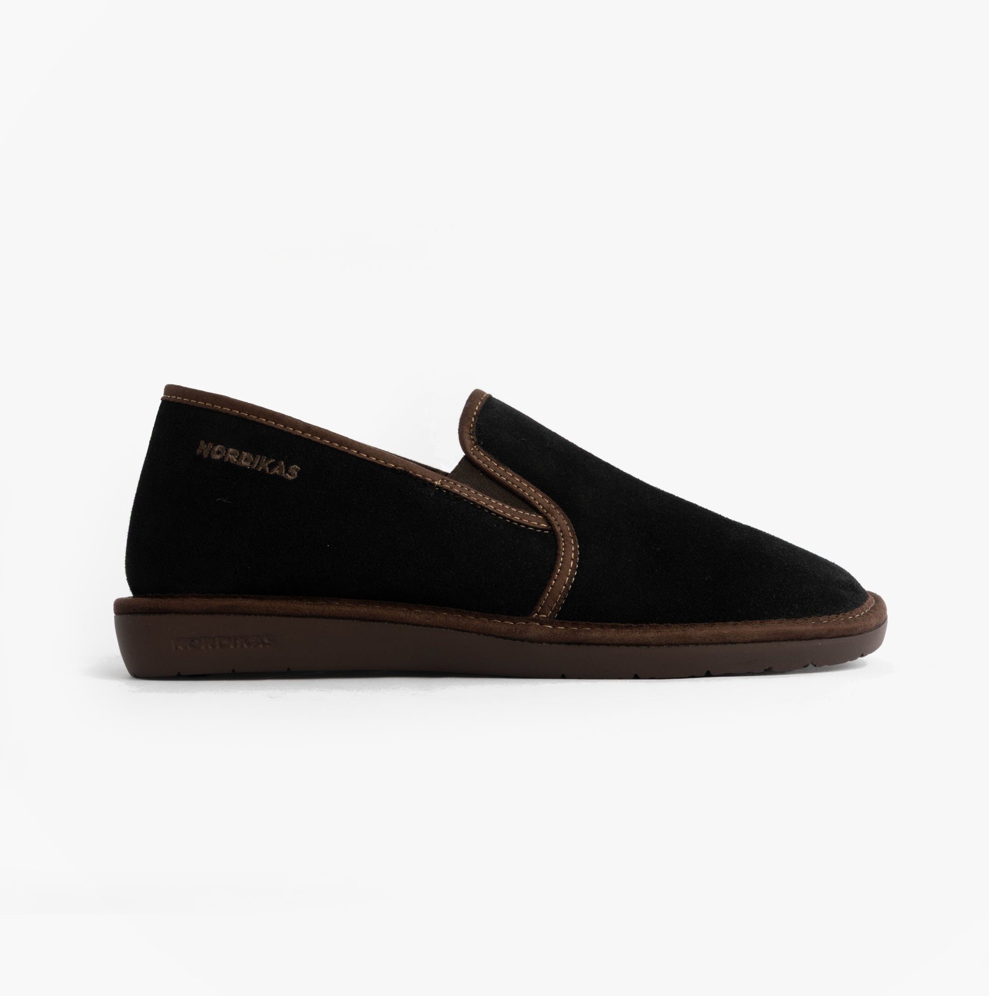 Nordikas 663 Mens Suede Full Slippers Black side view with rubber sole and faux fur lining