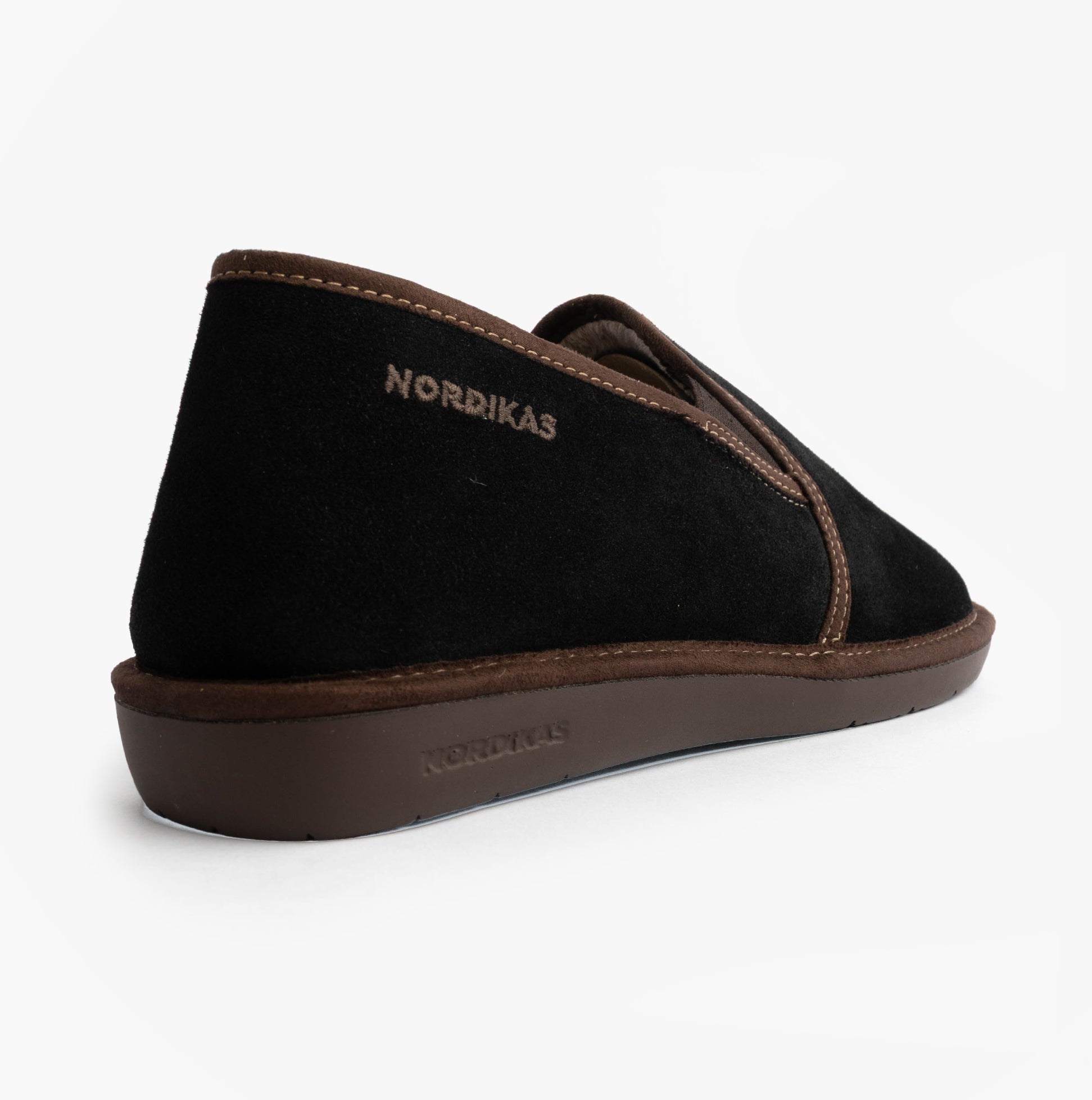 Nordikas 663 Mens Suede Full Slippers Black side view showcasing soft suede upper and faux fur lining.