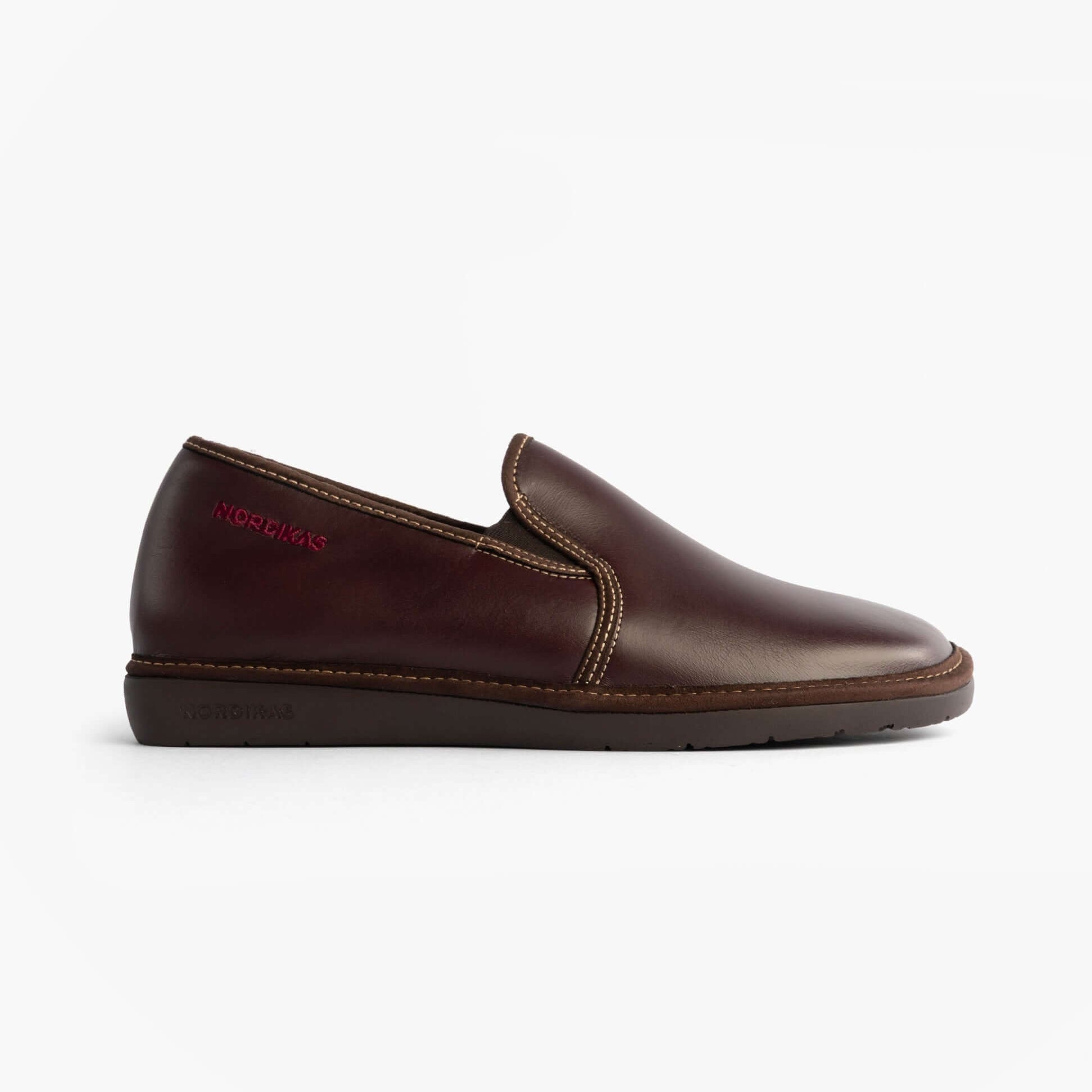 Nordikas 663 Mens Leather Full Slippers Bordo side view showing premium leather upper and comfortable rubber sole.