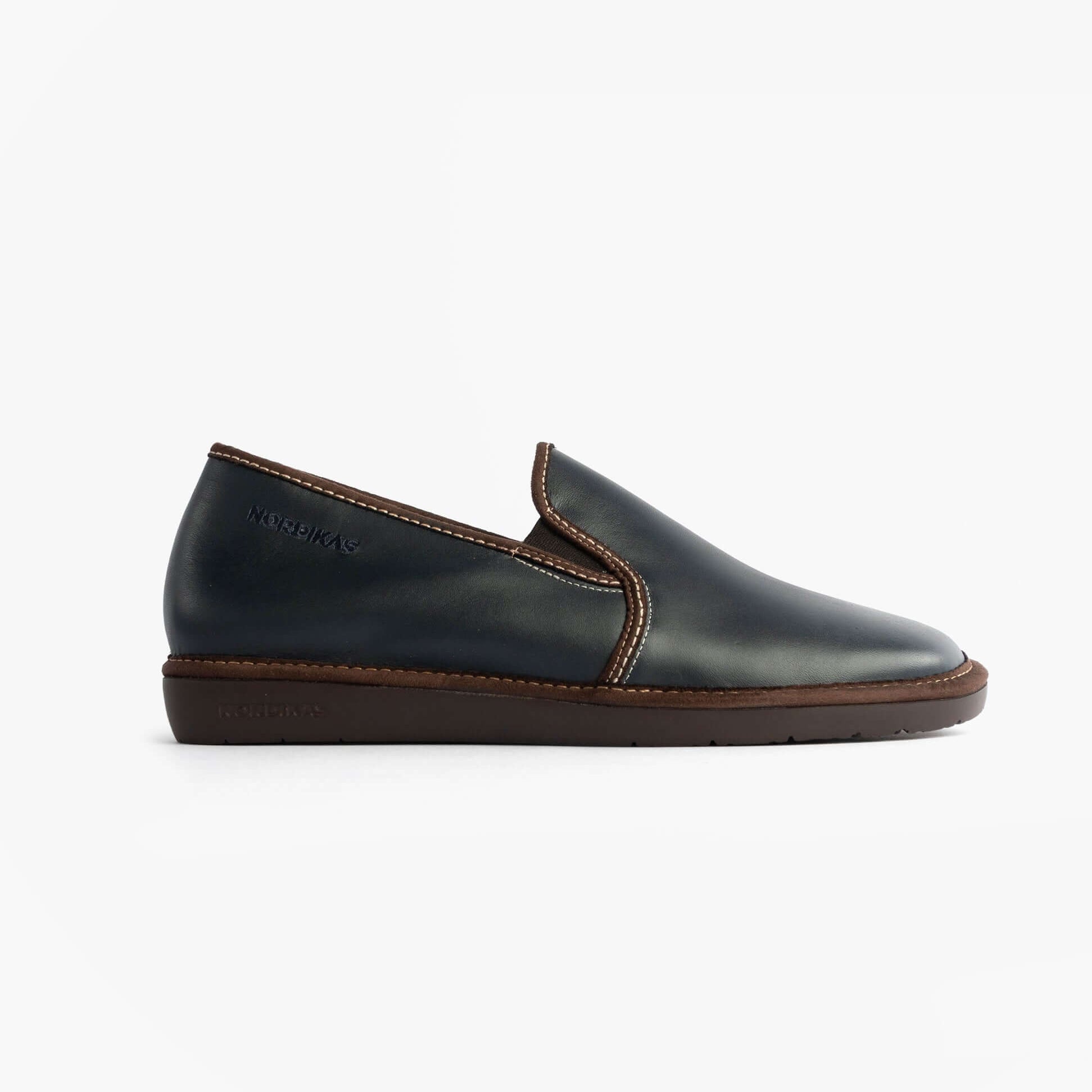 Nordikas 663 Mens Leather Full Slippers Marine Blue side view showing smooth leather finish and brown sole.