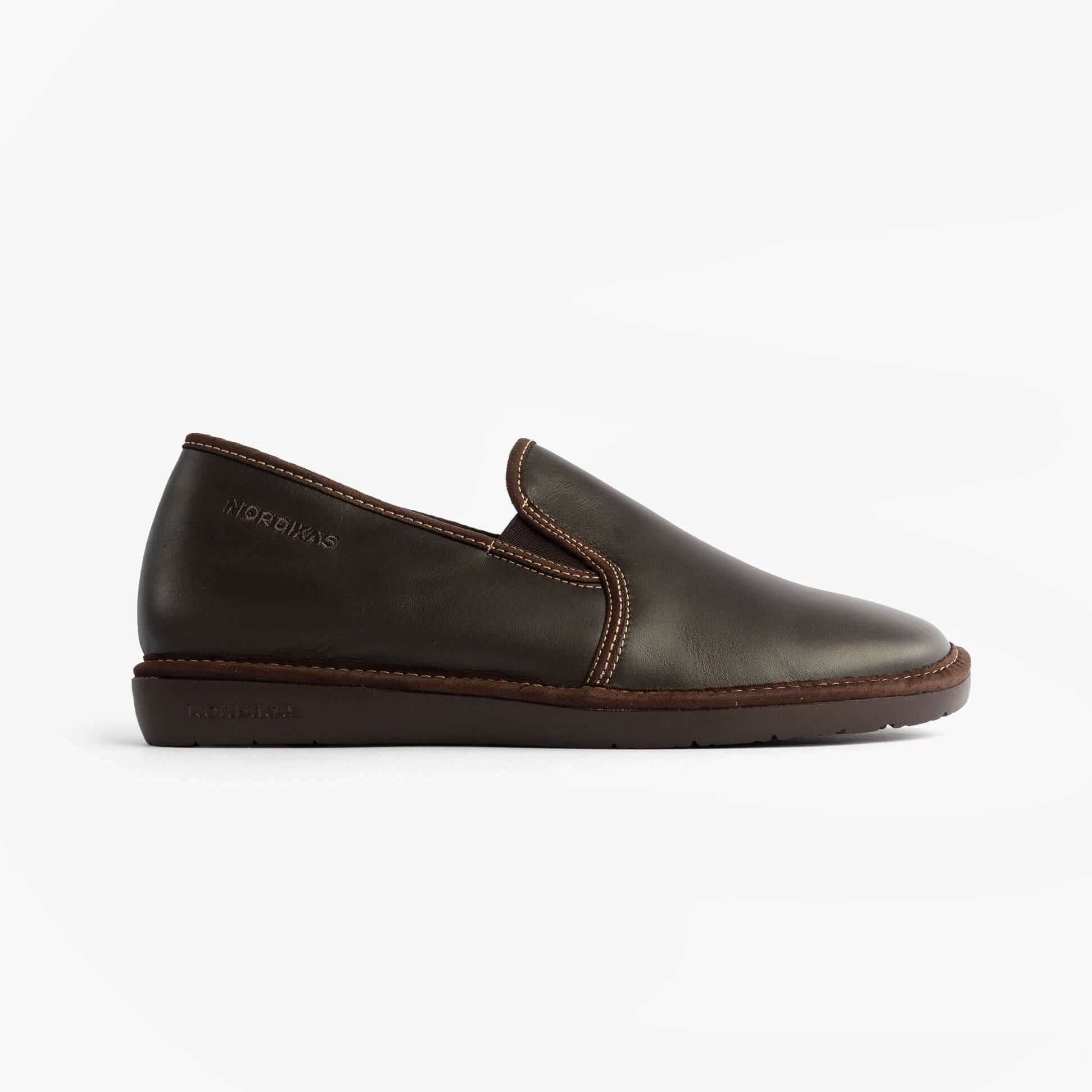 Nordikas 663 Mens Leather Full Slippers Mocha side view showing premium leather upper and comfortable slip-on design.