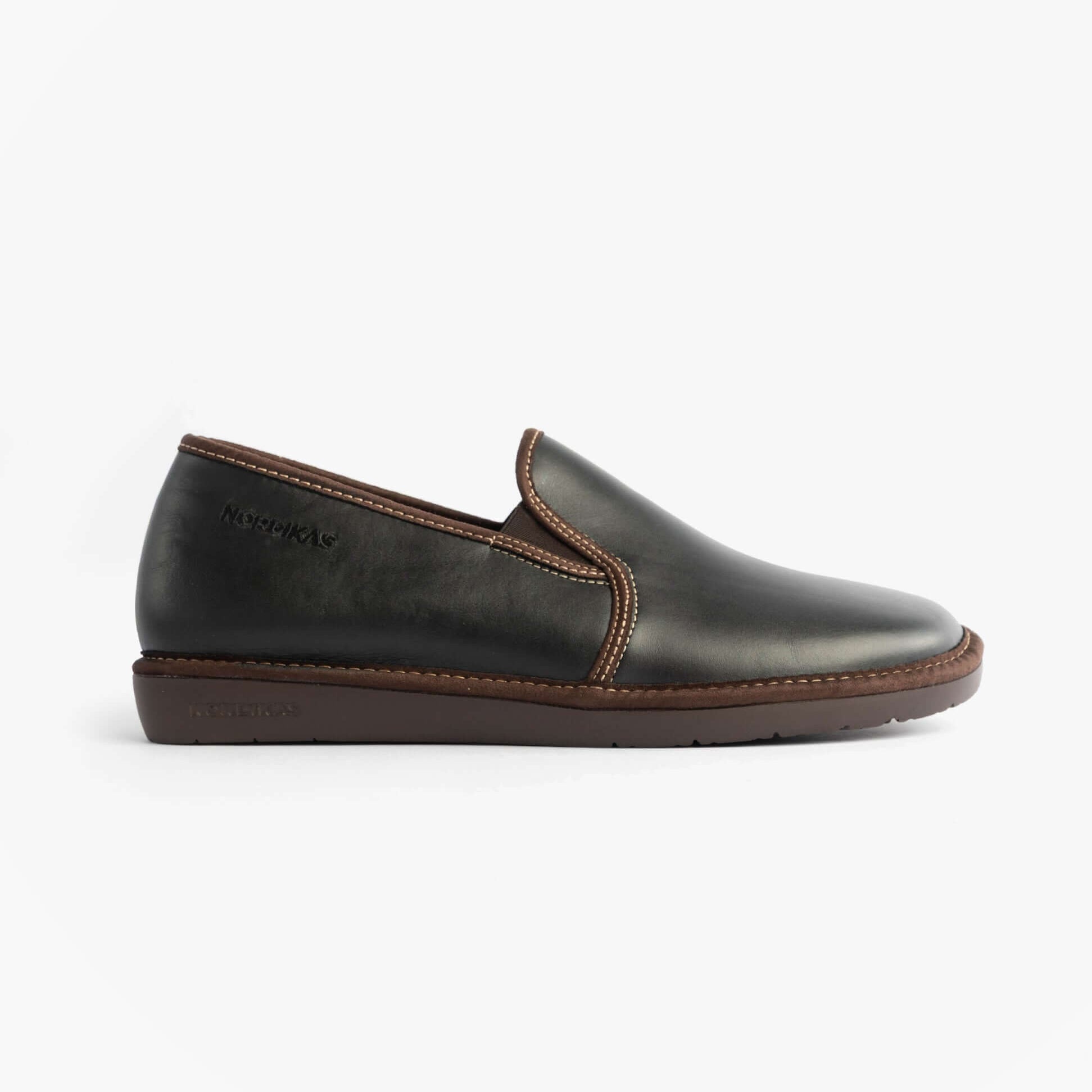 Nordikas 663 Mens Leather Full Slippers Black side view showing premium leather and brown detailing