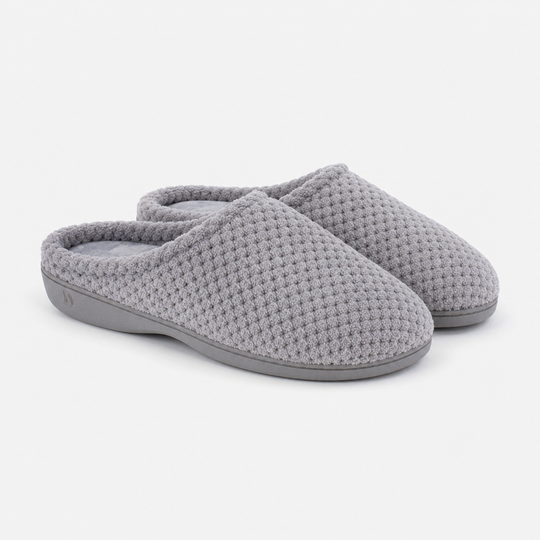 Totes Isotoner POPCORN TERRY Womens Pillowstep Mule Slippers Pale Grey