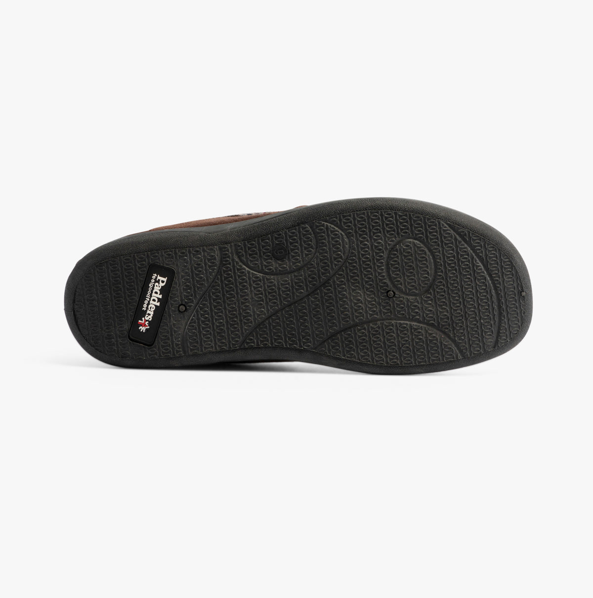 Padders STAN Mens (G Fit) Slippers Brown bottom view showing TPR sole and textured design.