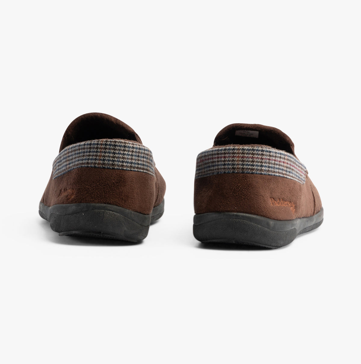 Padders STAN Mens (G Fit) Slippers Brown back view featuring a textile upper and round toe shape.