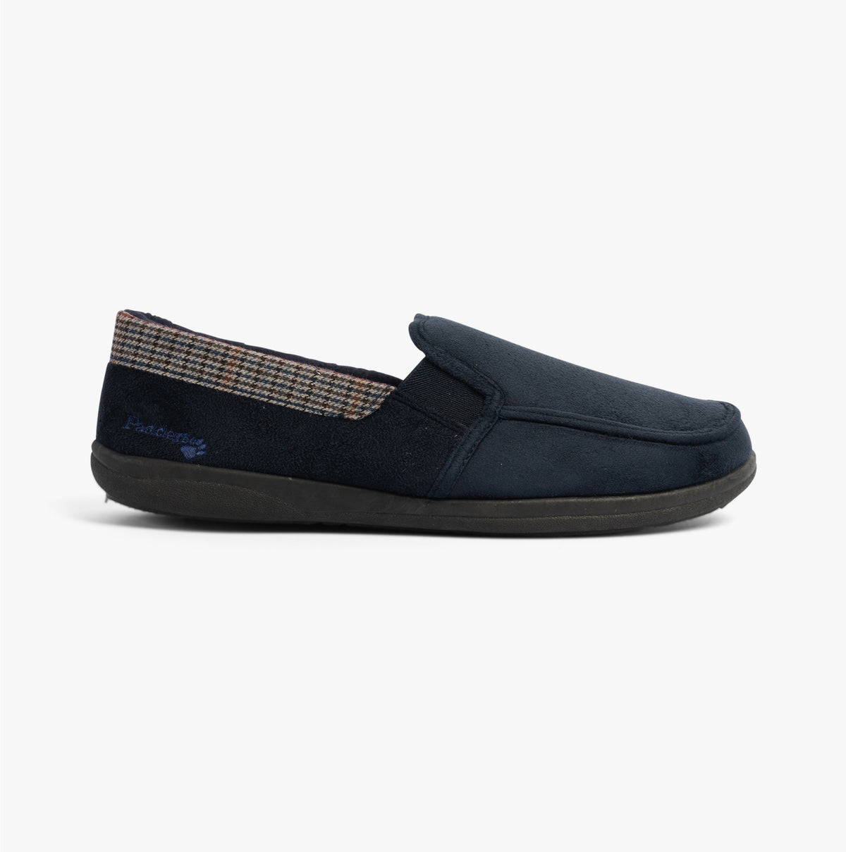 Padders STAN Mens (G Fit) Slippers Navy side view showing soft textile upper and slip-on design.