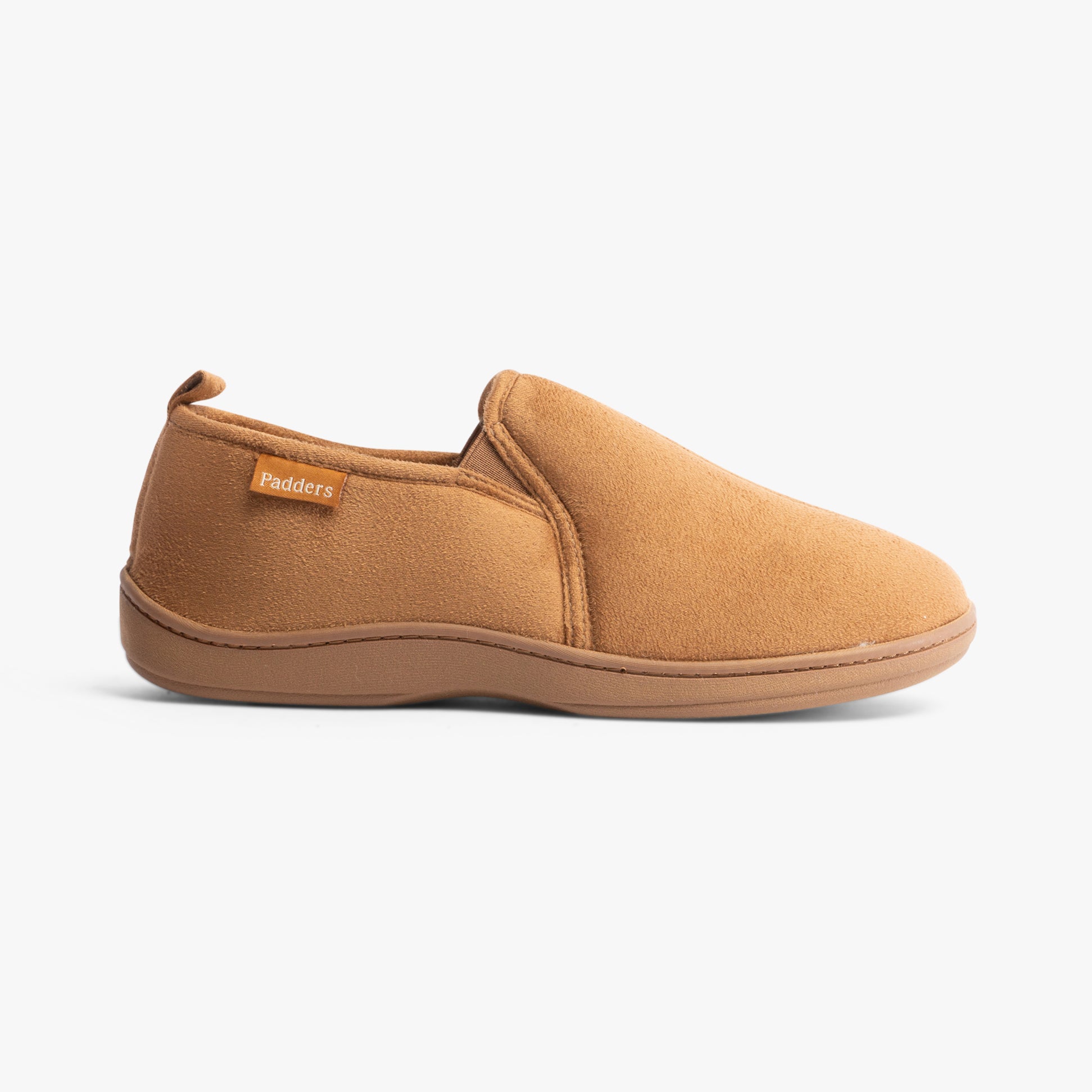 Padders BASIL Mens (G Fit) Slippers Chestnut side view showcasing textile upper and rubber sole.