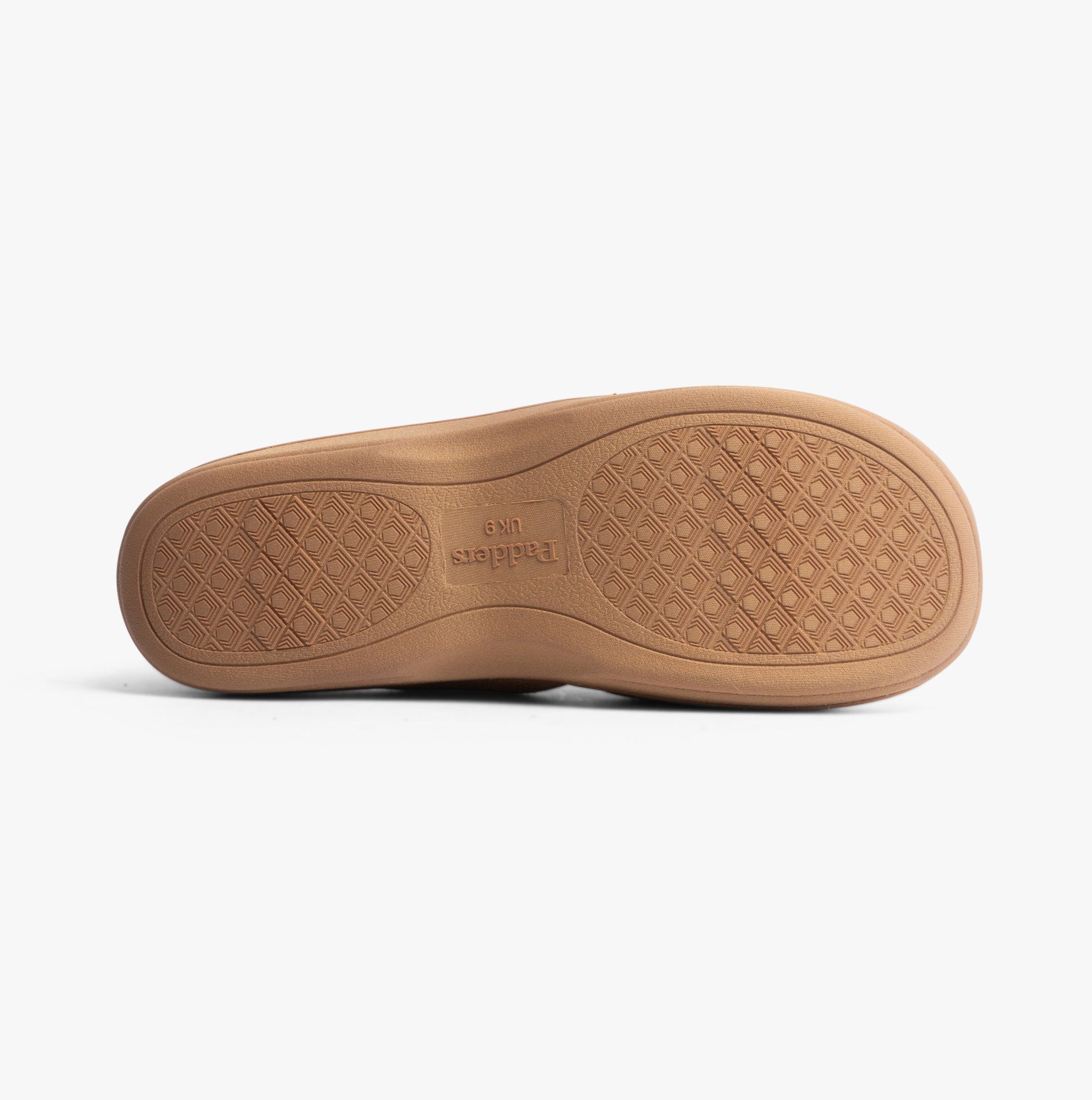 Padders BASIL Mens (G Fit) Slippers Chestnut bottom view showcasing rubber sole design and texture.