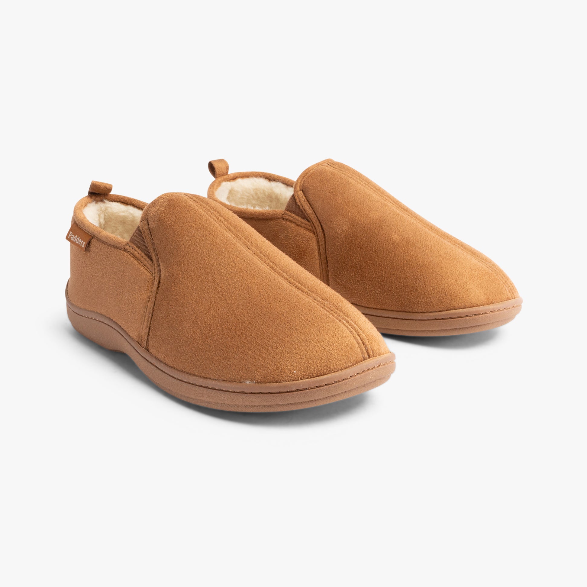 Padders BASIL Mens (G Fit) Slippers Chestnut side view of warm textile slippers with round toe shape.