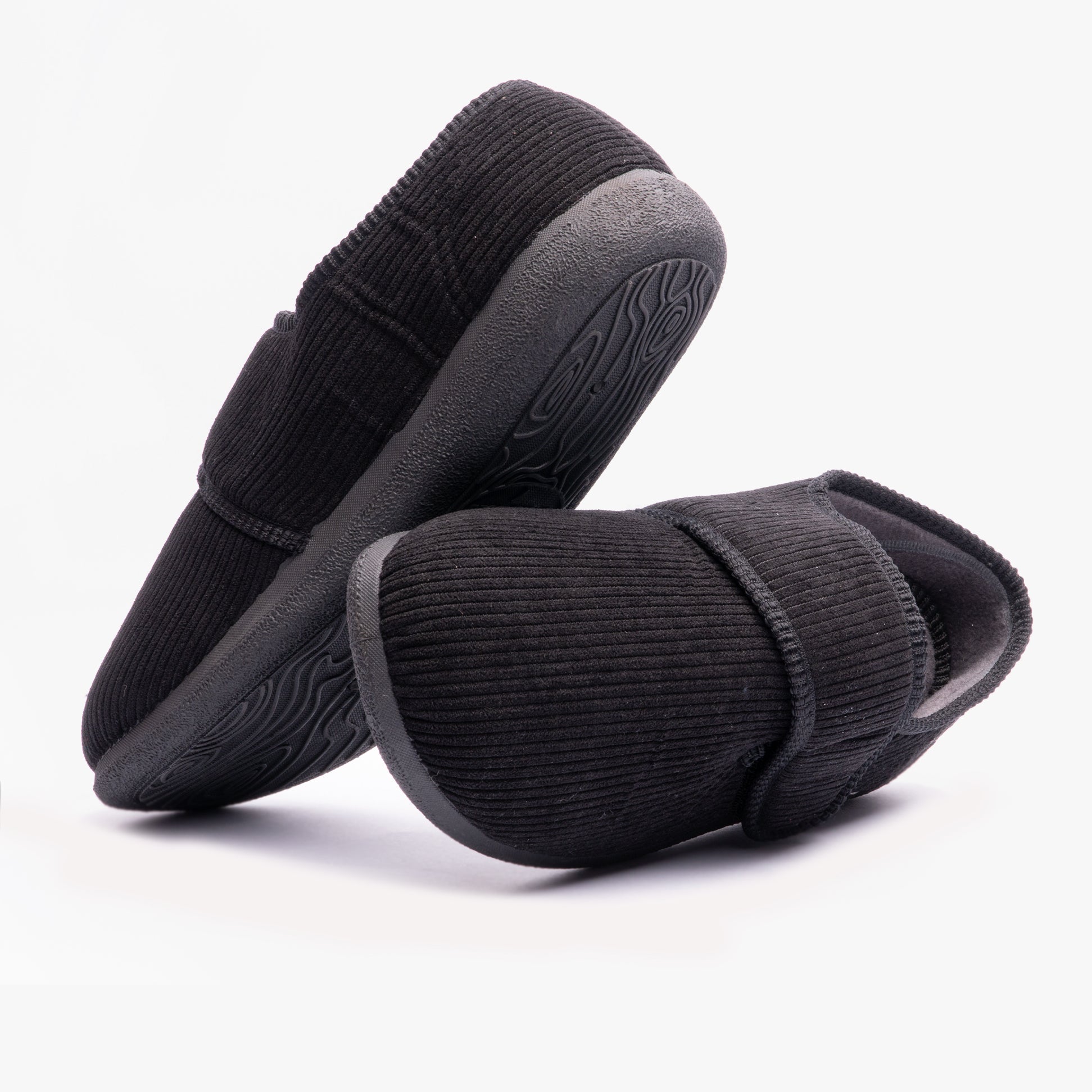 Padders OLIVER Mens Super Wide Touch Fasten Full Slippers Black