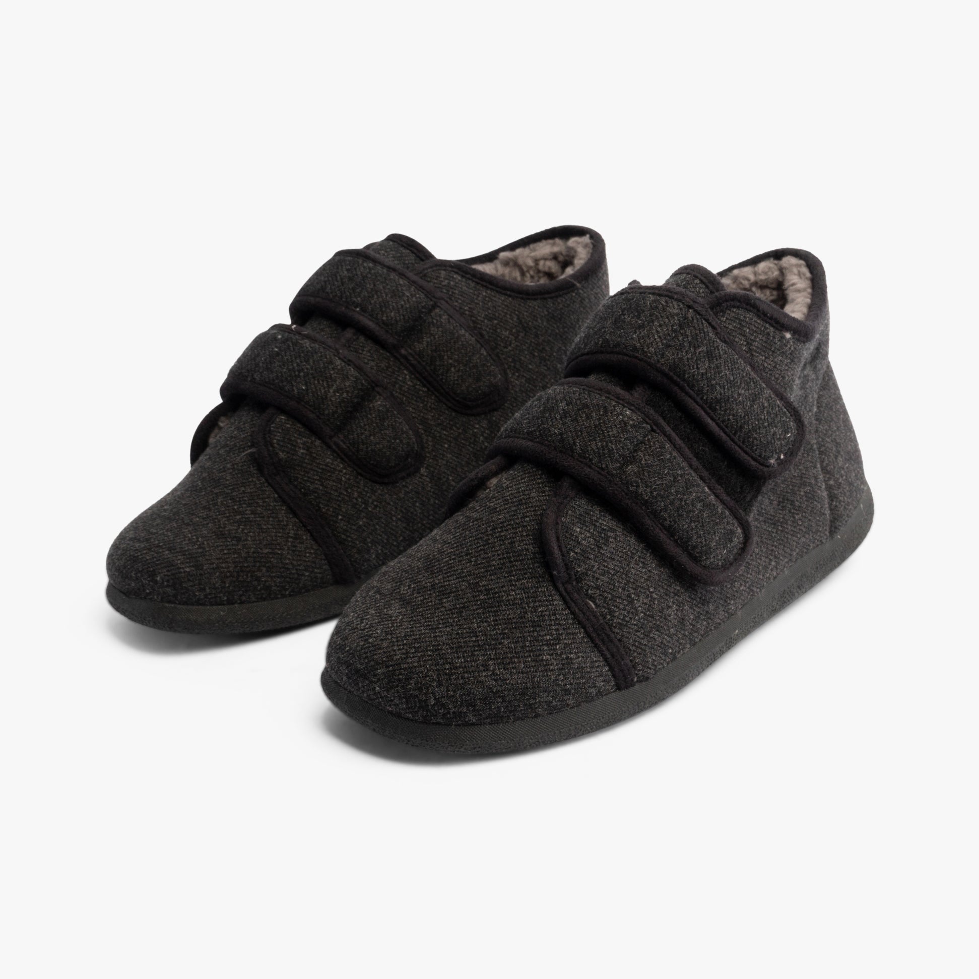 Padders BRIAN Mens Boot Slippers Charcoal side view shoes with adjustable touch fasten straps and warm lining.
